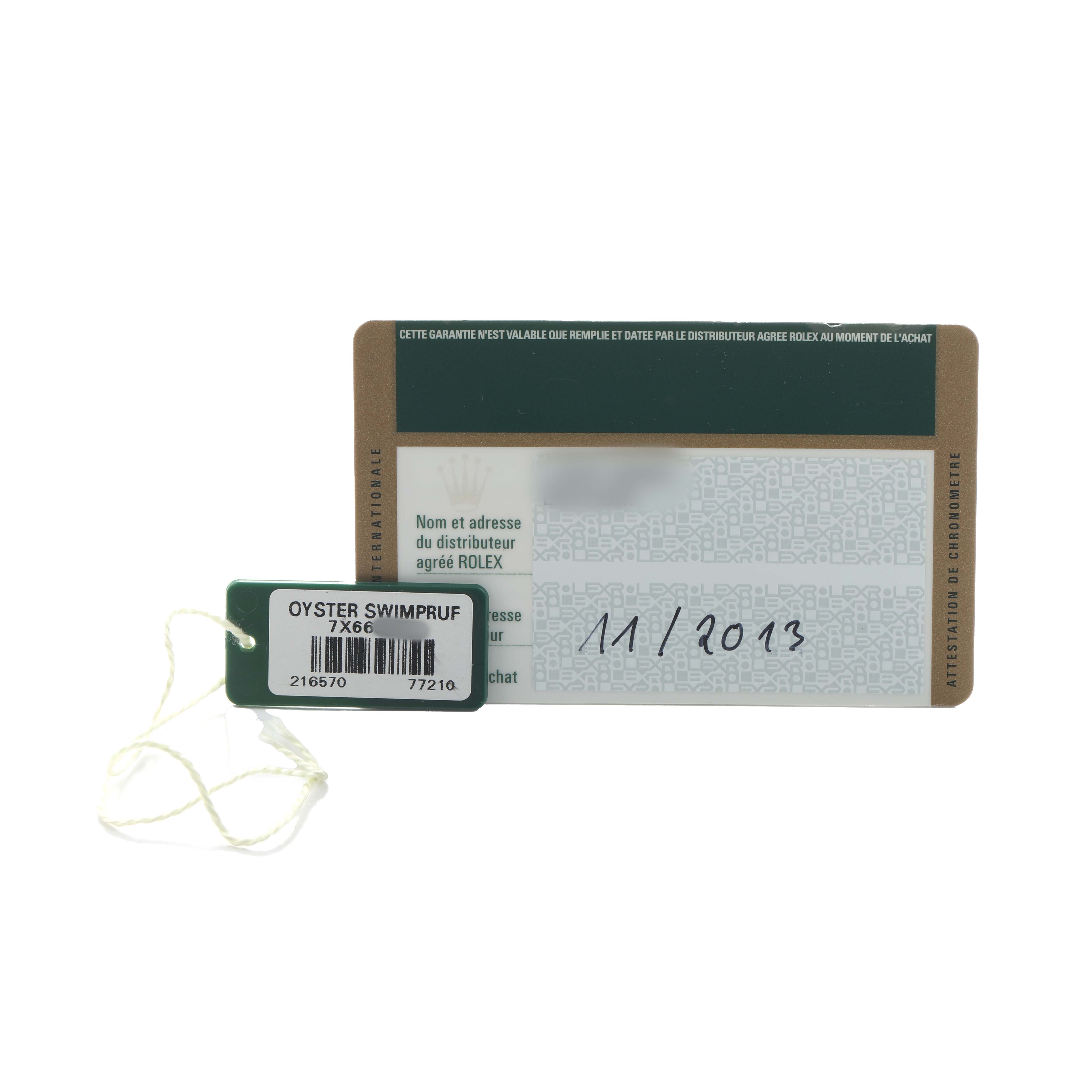 The image shows a warranty card and tag for the Rolex Explorer 216570 Men's Stainless Steel White Dial watch model, viewed from the front.