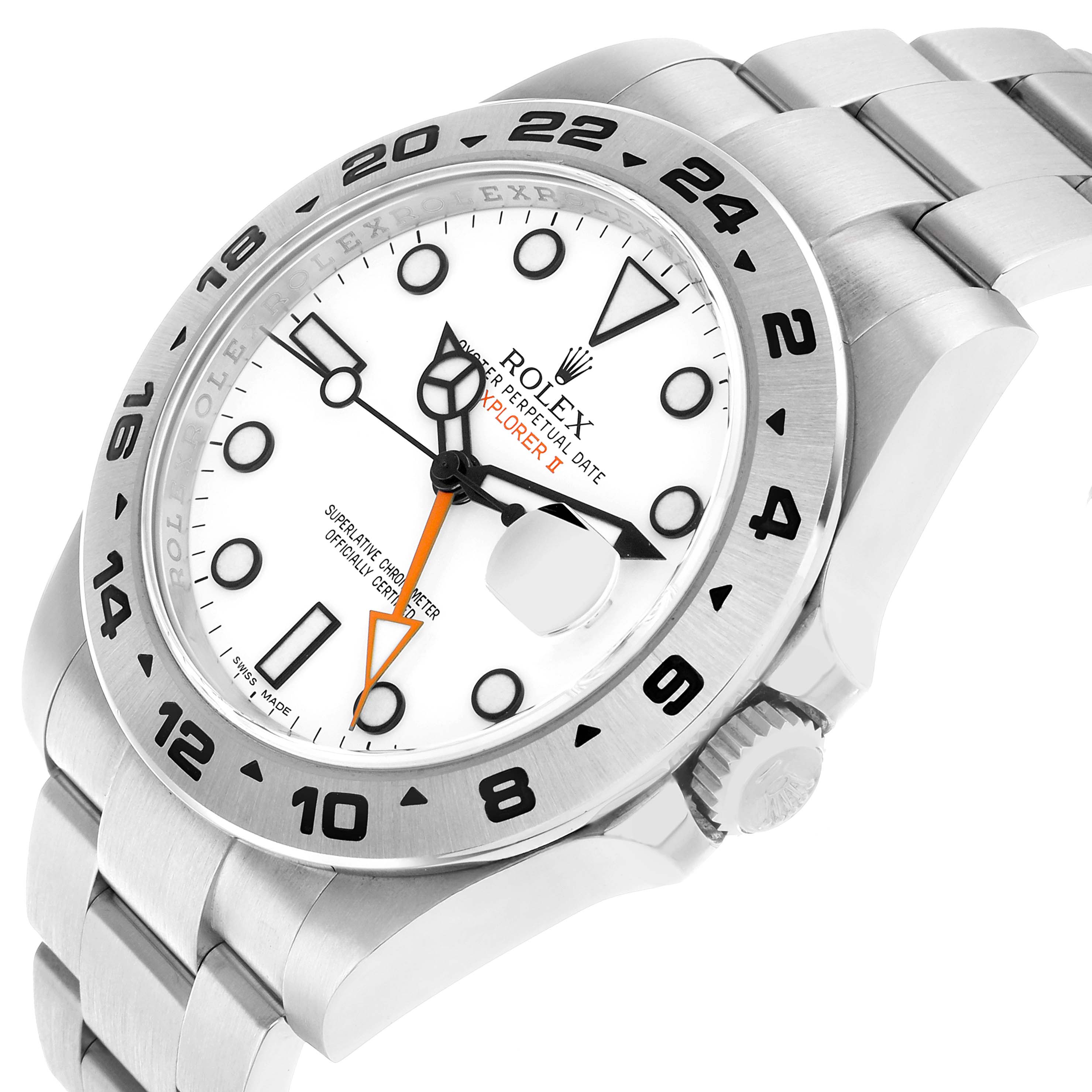 The Rolex Explorer 216570 Men's Stainless Steel White Dial watch is shown at an angled view, displaying the face, bezel, crown, and part of the bracelet.