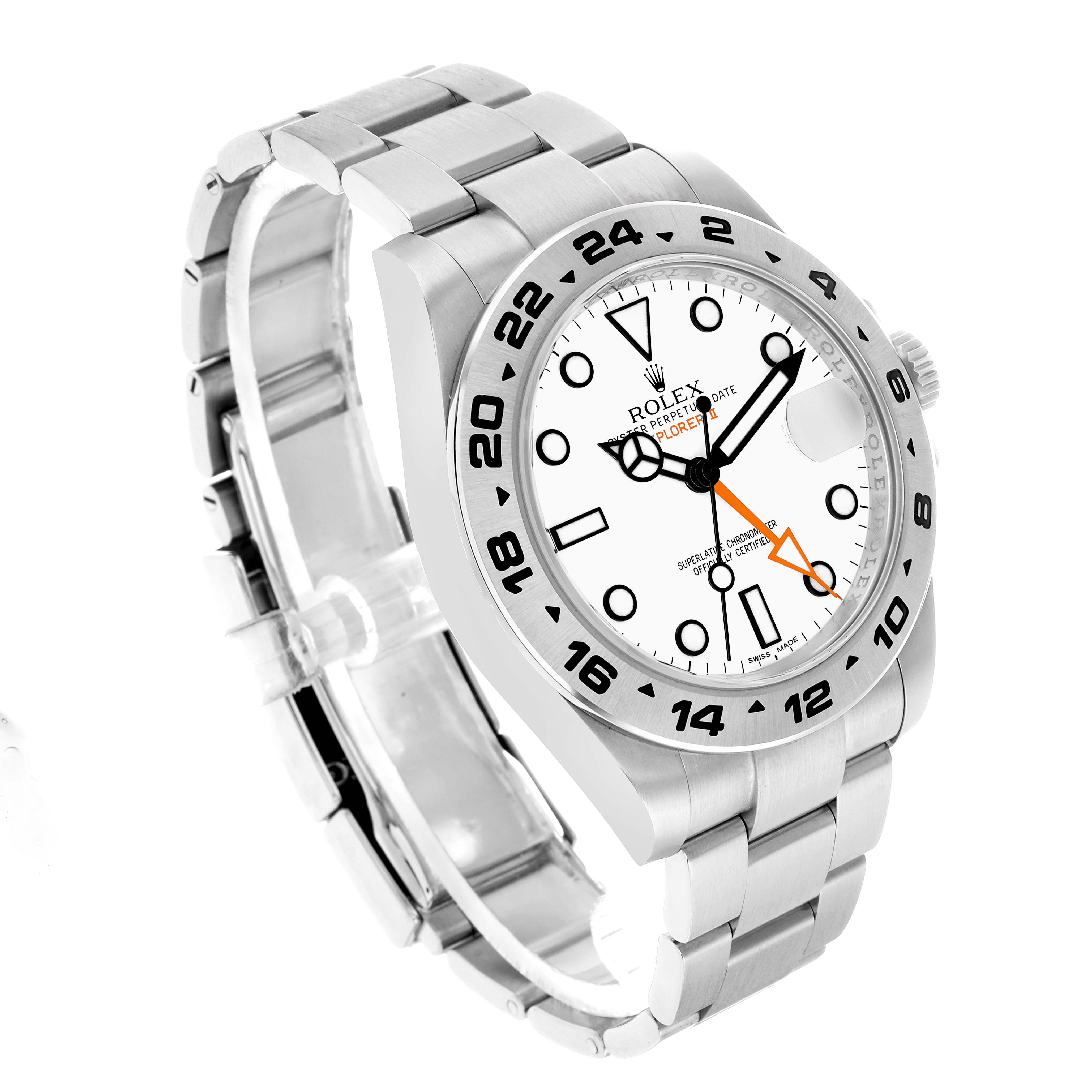The Rolex Explorer 216570 Men's Stainless Steel White Dial watch is shown at a 3/4 angle, displaying the face, bezel, crown, and bracelet.