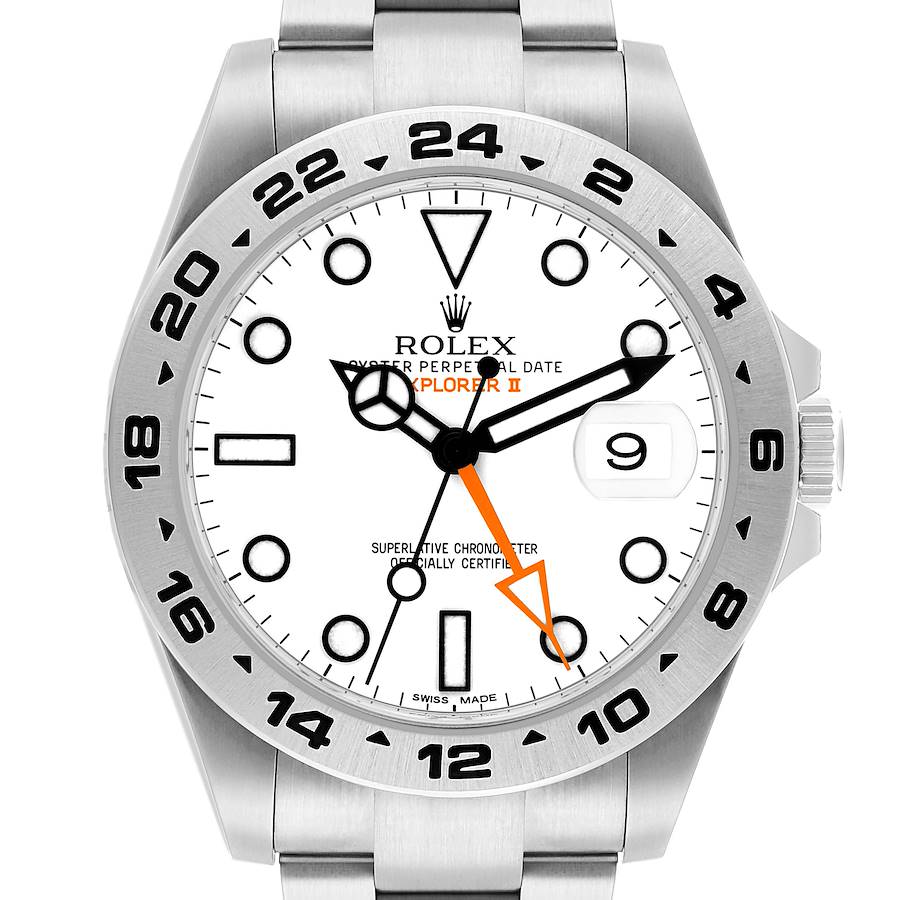 The Rolex Explorer 216570 Men's Stainless Steel White Dial II watch is shown from a front angle, displaying the white dial, hour markers, and bezel.