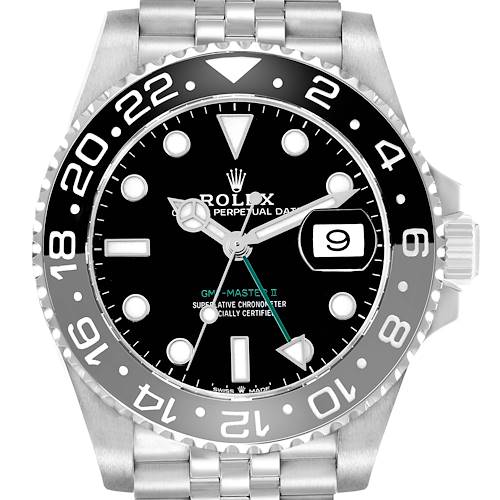 The image shows a front view of the Rolex GMT-Master 126710 Men's Stainless Steel Black Dial II watch, highlighting the face, bezel, crown, and part of the bracelet.