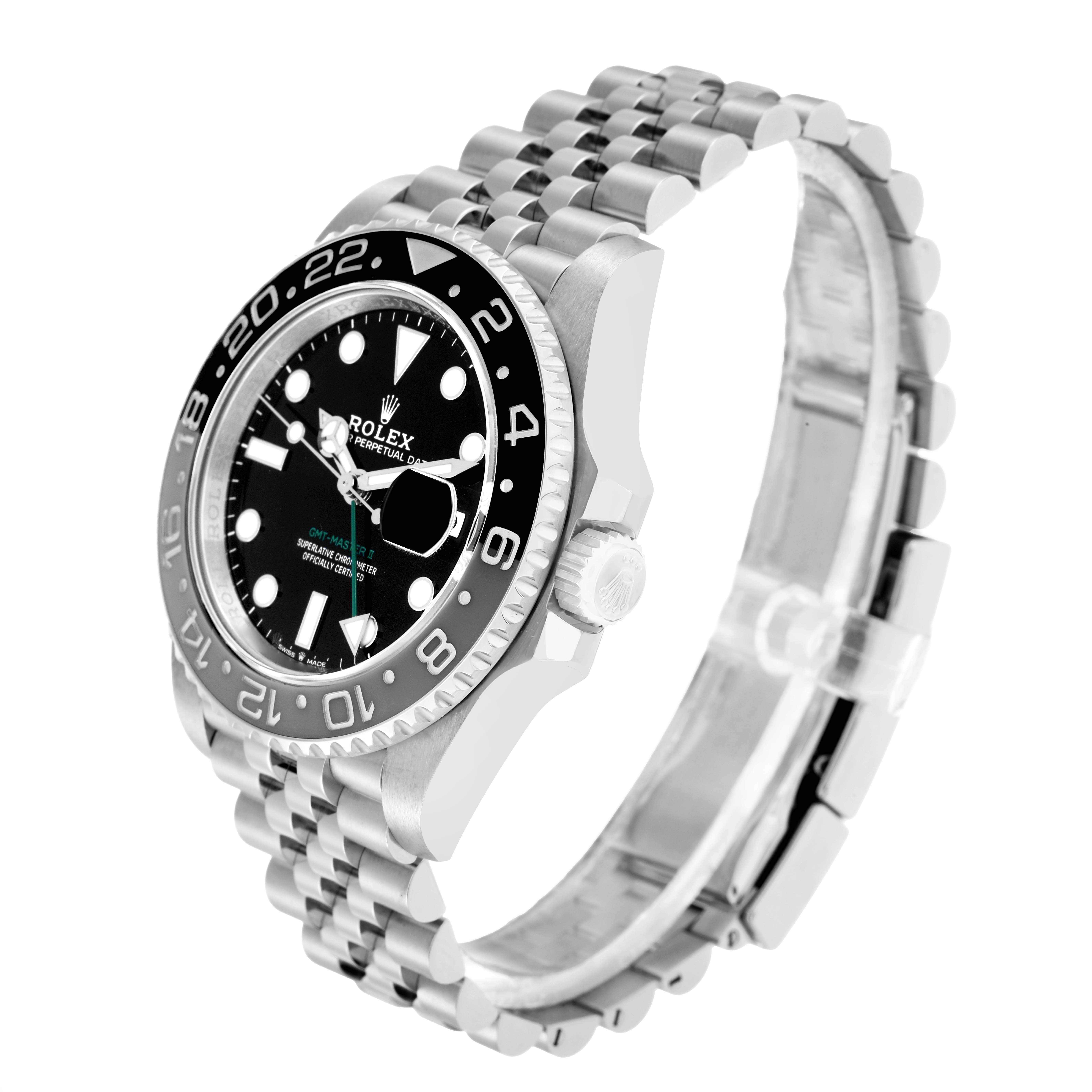 The Rolex GMT-Master 126710 Men's Stainless Steel Black Dial watch is shown at an angled side view, displaying its bezel, case, crown, dial, and Jubilee bracelet.