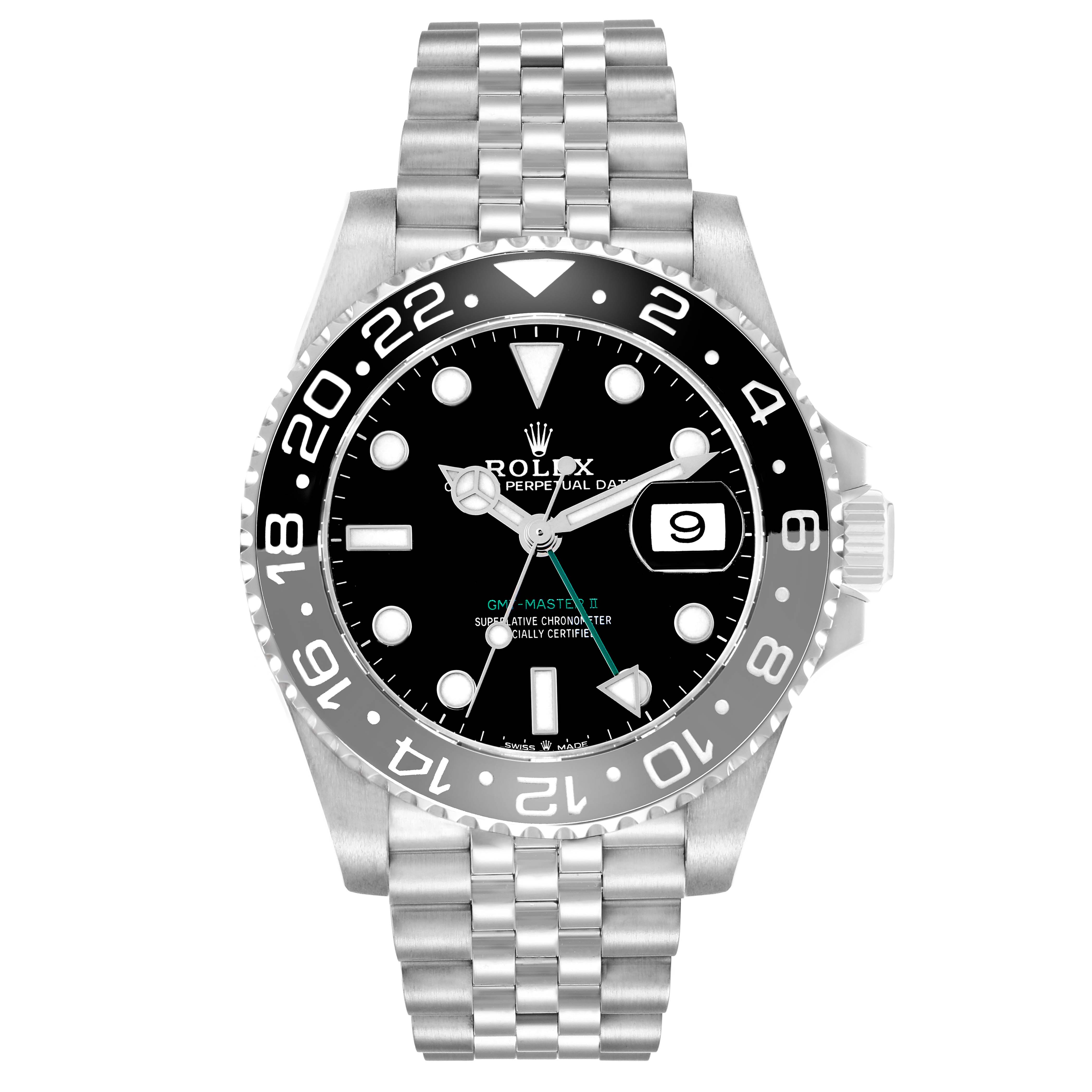 The Rolex GMT-Master 126710 Men's Stainless Steel Black Dial watch is shown from the front, displaying its bezel, dial, hands, bracelet, and date window.