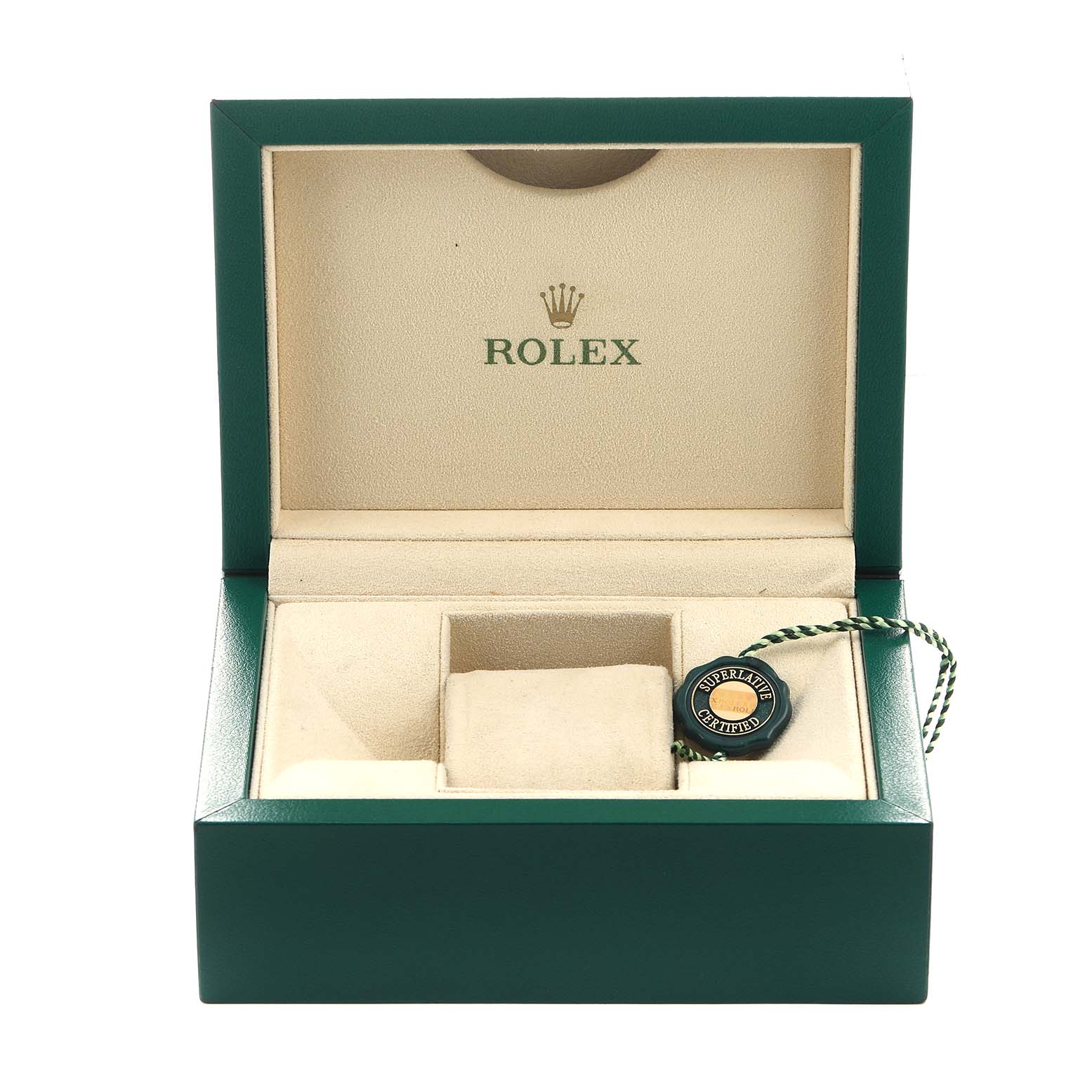 The image shows an open green Rolex watch box with a tag, for the GMT-Master model.