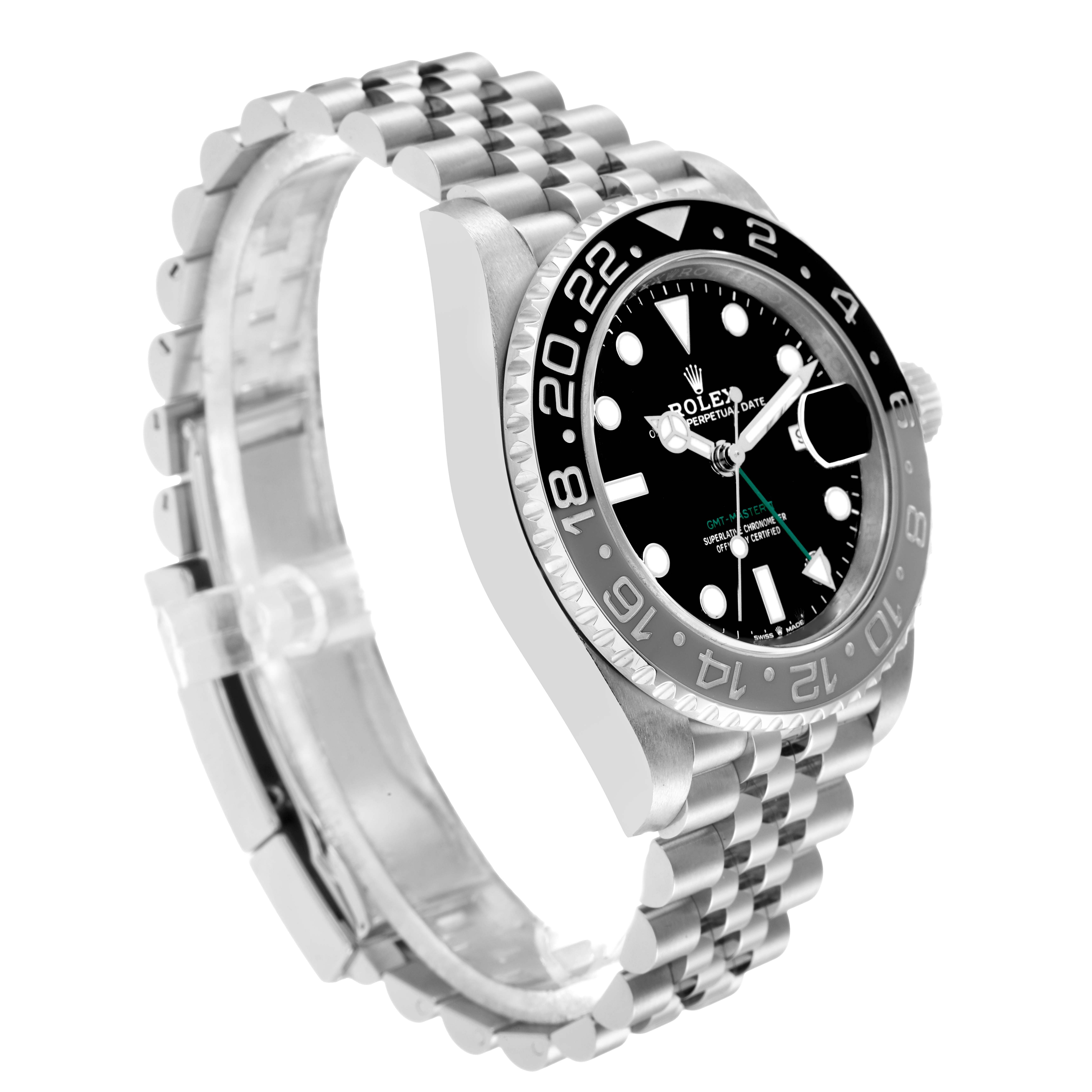 The image shows a Rolex GMT-Master 126710 Men's Stainless Steel Black Dial watch angled from the front-right, highlighting the bezel, dial, and bracelet.