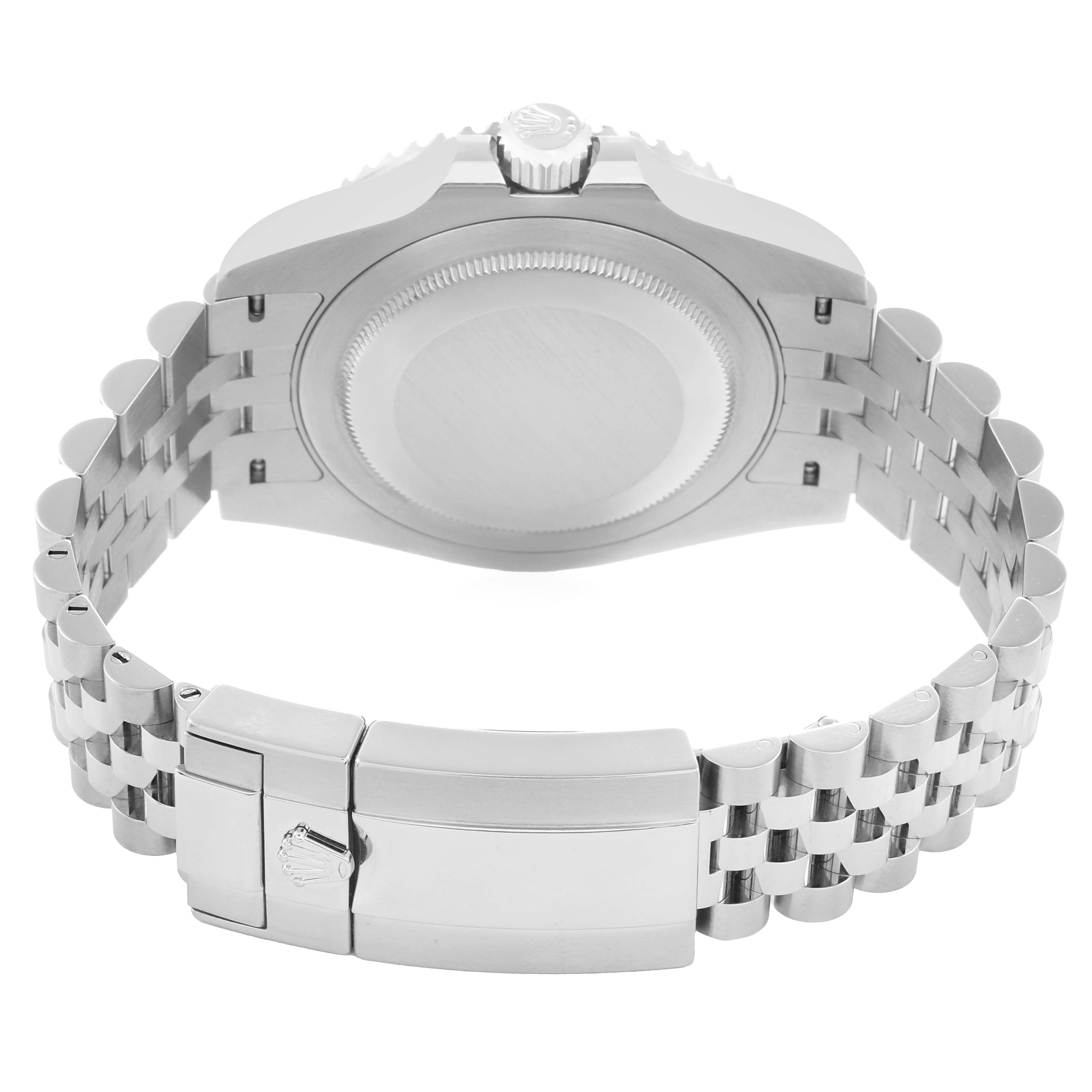 The image shows the back view of a Rolex GMT-Master 126710 Men's Stainless Steel Black Dial, highlighting the case back, bracelet, and clasp.