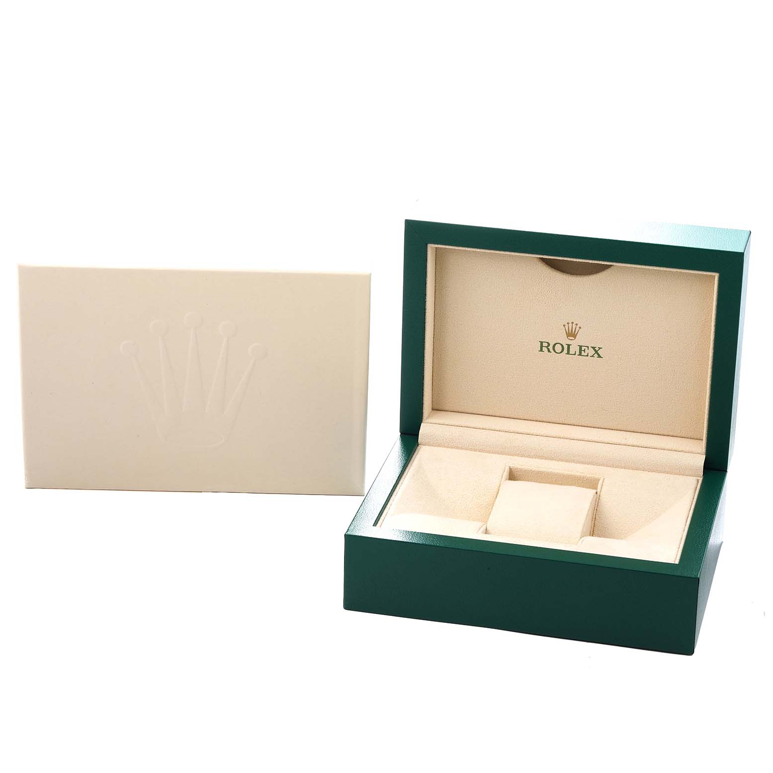 The image shows a green Rolex box for the GMT-Master model, open with a beige interior, and a separate beige outer box with an embossed logo.