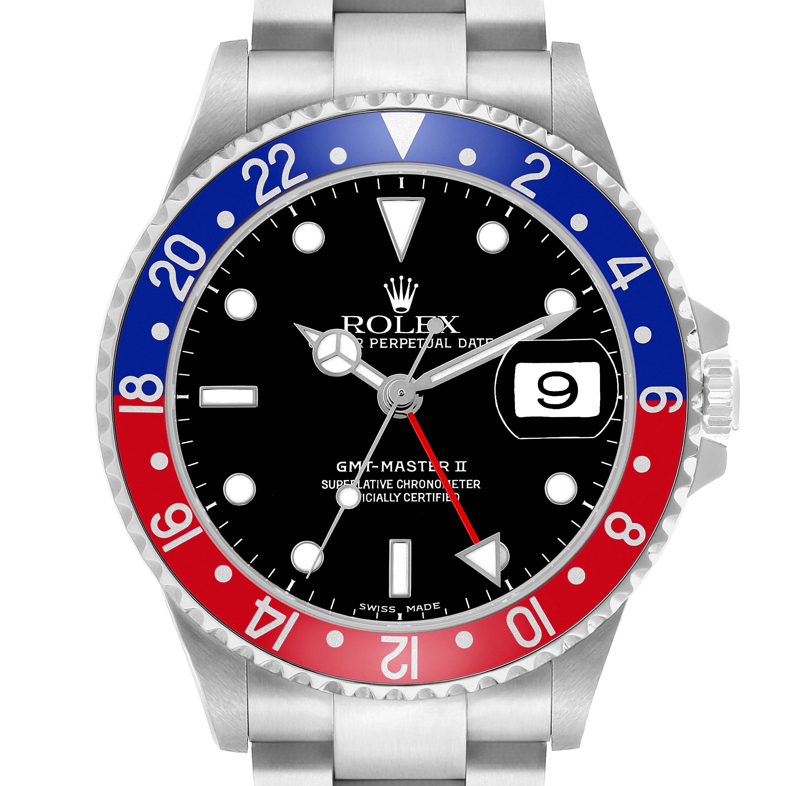 The Rolex GMT-Master 16710 Men's Stainless Steel Black Dial watch is shown from the front, highlighting the black dial, red and blue bezel, and Cyclops lens over the date.