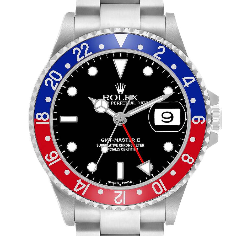 The Rolex GMT-Master 16710 Men's Stainless Steel Black Dial watch is shown from the front, highlighting the black dial, red and blue bezel, and Cyclops lens over the date.