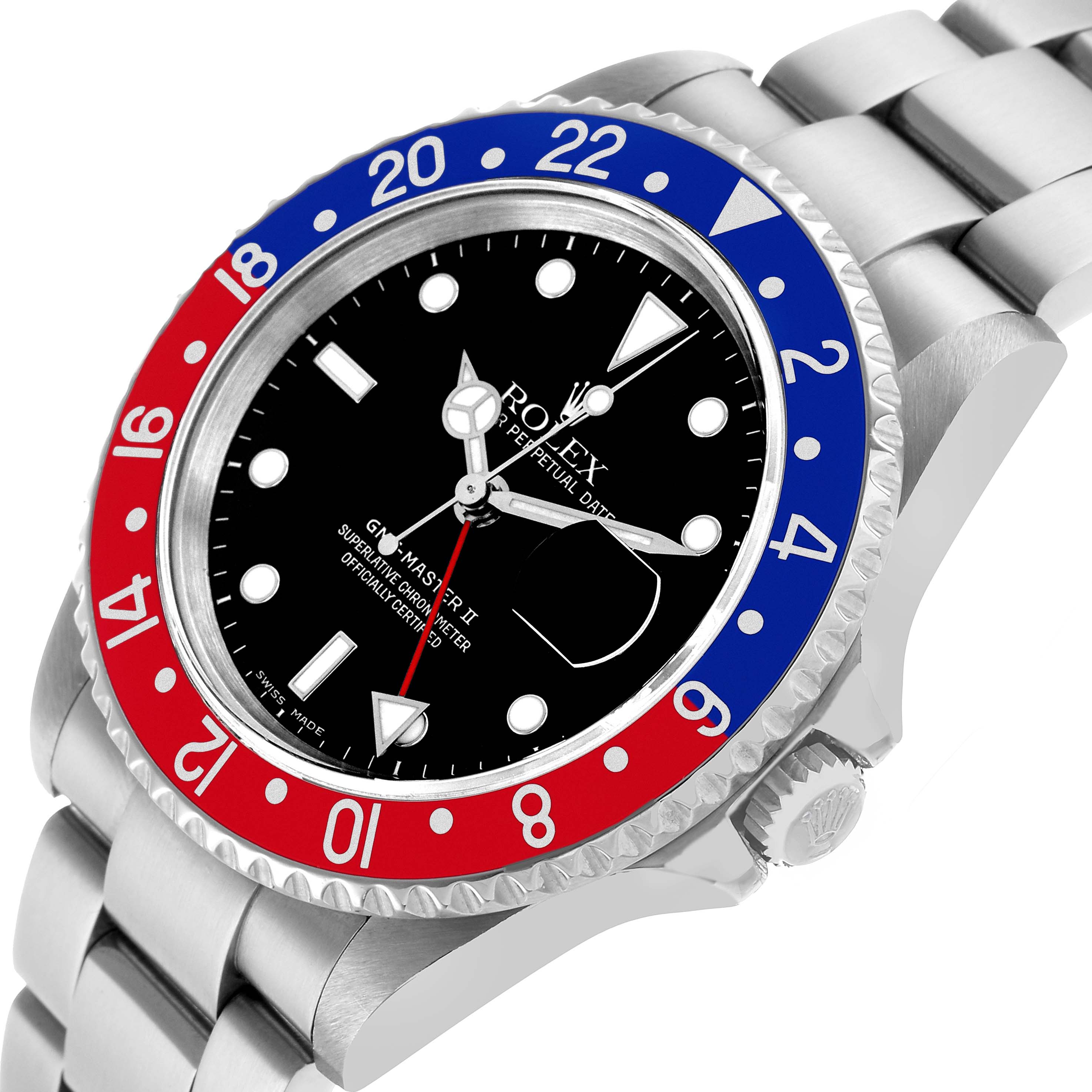 The Rolex GMT-Master 16710 Men's Stainless Steel Black Dial watch is shown at an angle, highlighting the black dial, red and blue bezel, and part of the bracelet.