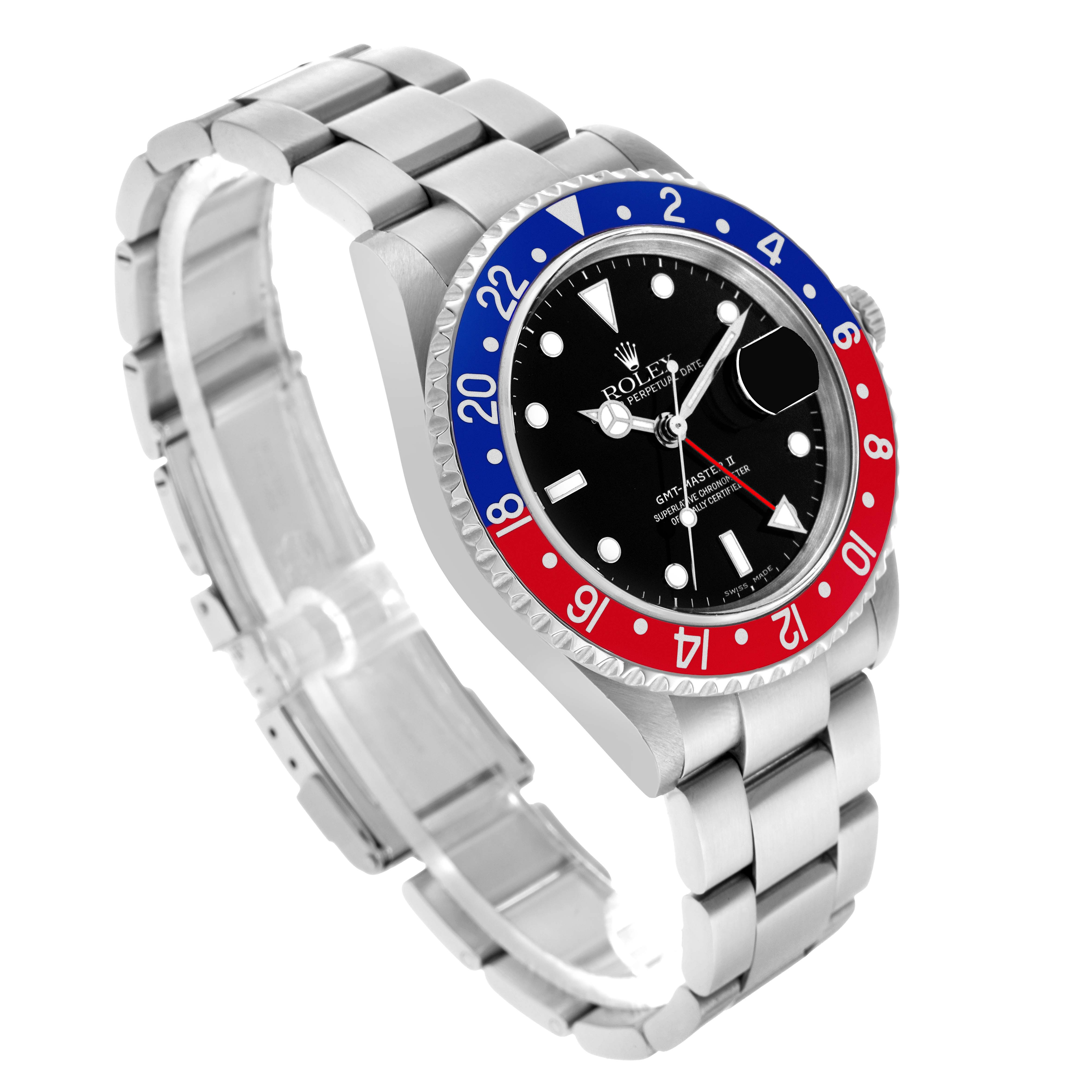 The Rolex GMT-Master 16710 Men's Stainless Steel Black Dial watch is shown at an angled view, highlighting the bezel, dial, and bracelet.