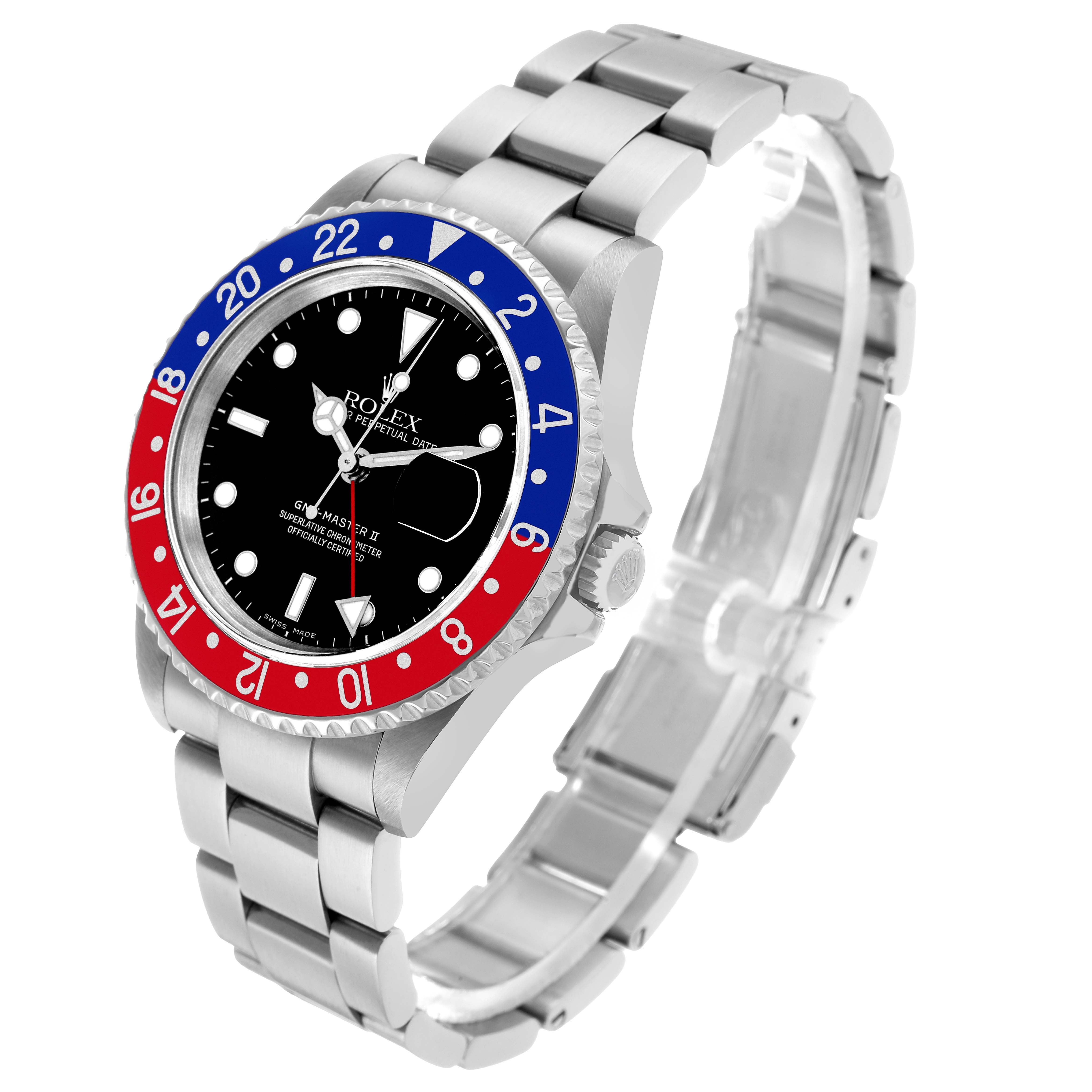 The image shows a Rolex GMT-Master 16710 Men's Stainless Steel Black Dial watch at a three-quarter angle, highlighting the bezel, face, and bracelet.