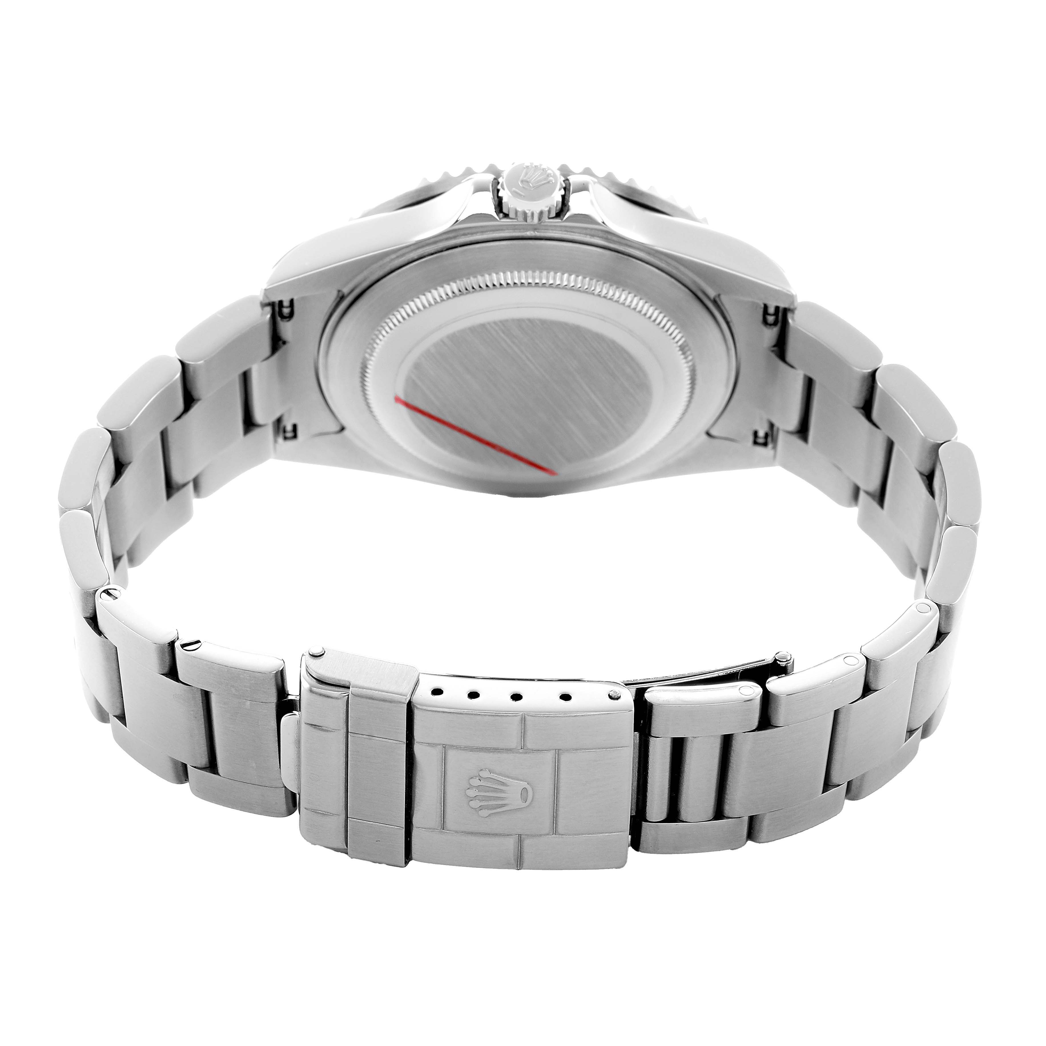 The image shows the back view of the Rolex GMT-Master 16710 Men's Stainless Steel Black Dial, highlighting the case back and bracelet with the clasp.