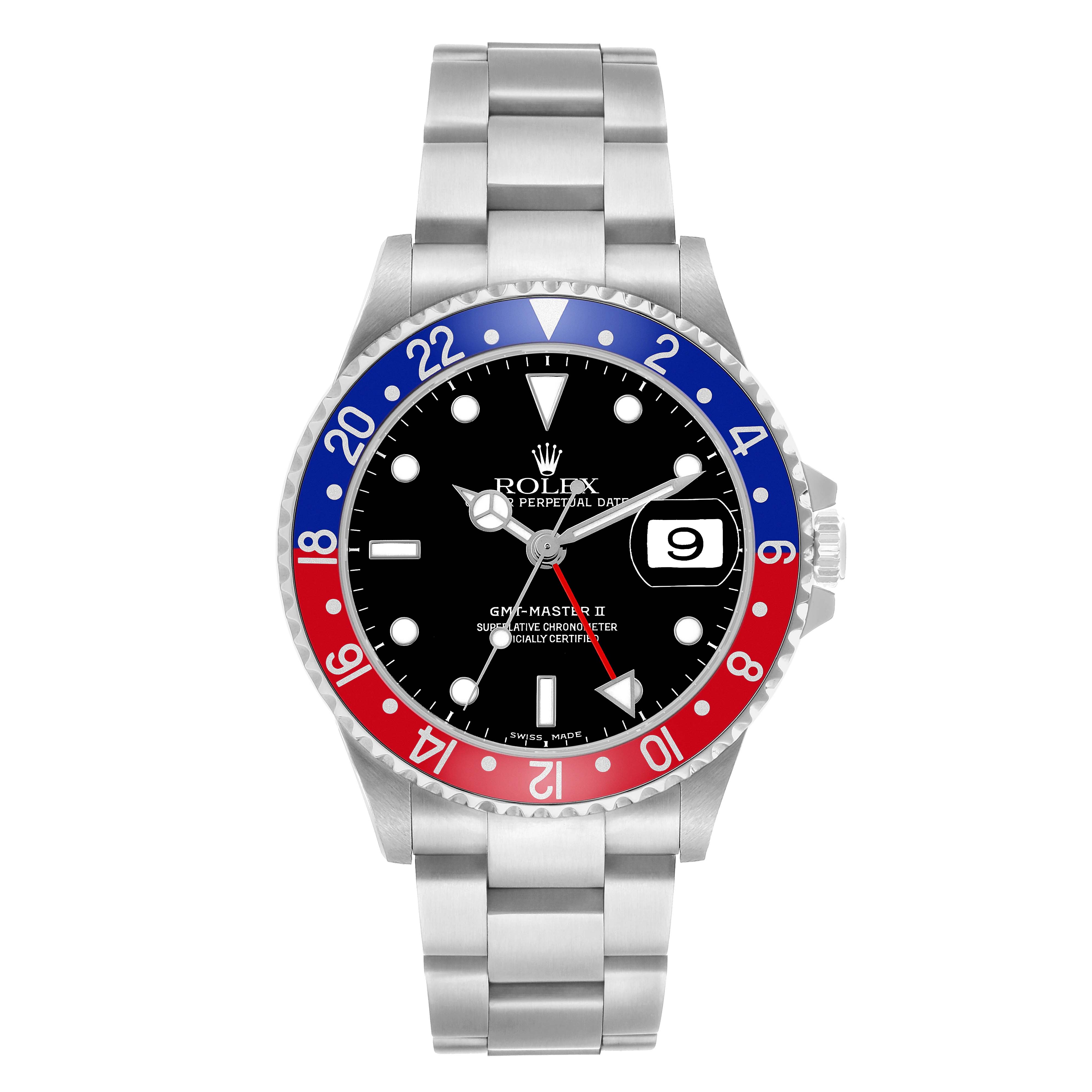 The Rolex GMT-Master 16710 Men's Stainless Steel Black Dial watch is shown front-facing, highlighting the bezel, dial, and bracelet.