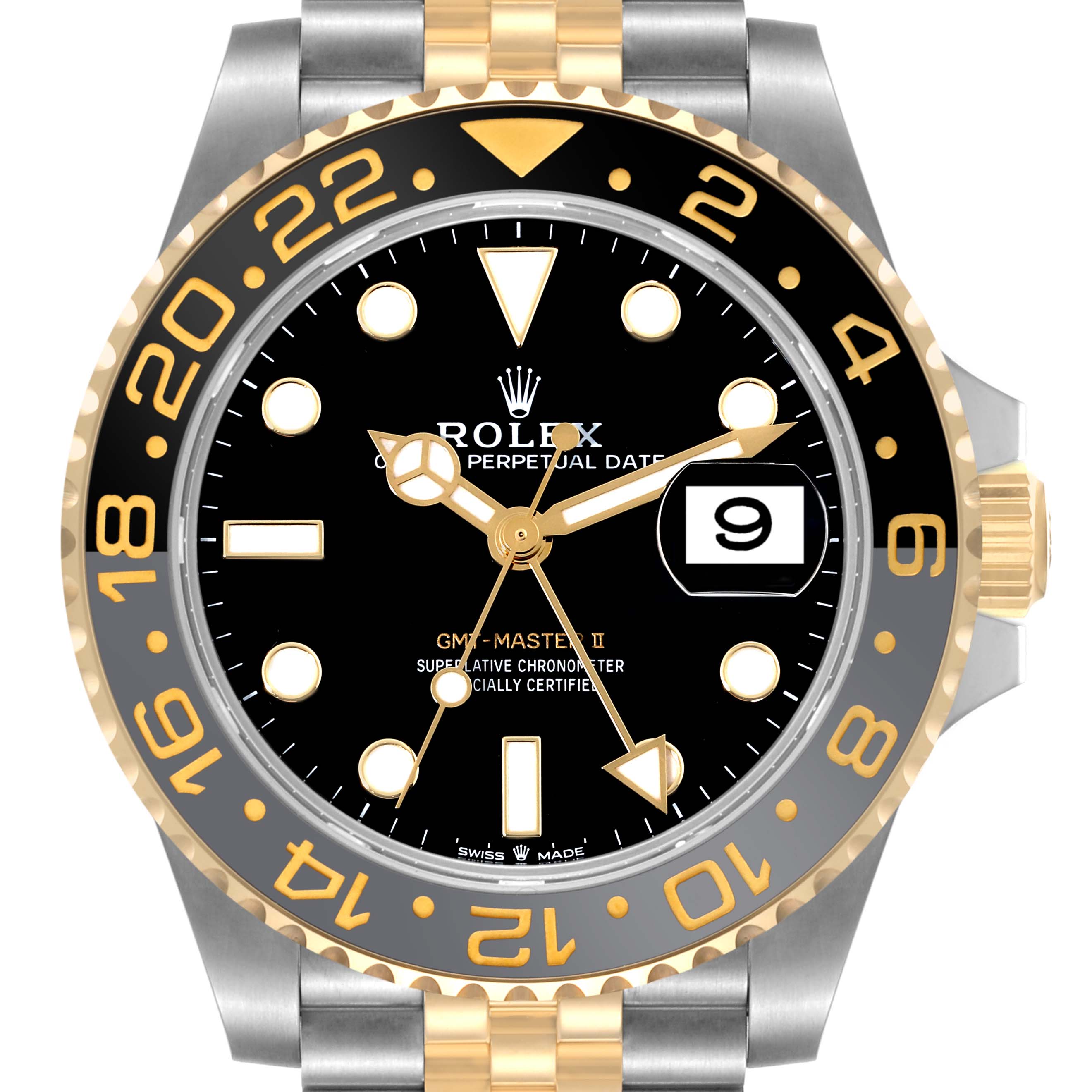 The image shows a front view of a Rolex GMT-Master 126713 Men's Steel and Gold (two tone) Black Dial 126713 Men's Steel and Gold (two tone) Black Dial II watch, highlighting its dial, hands, bezel, date window, and bracelet.