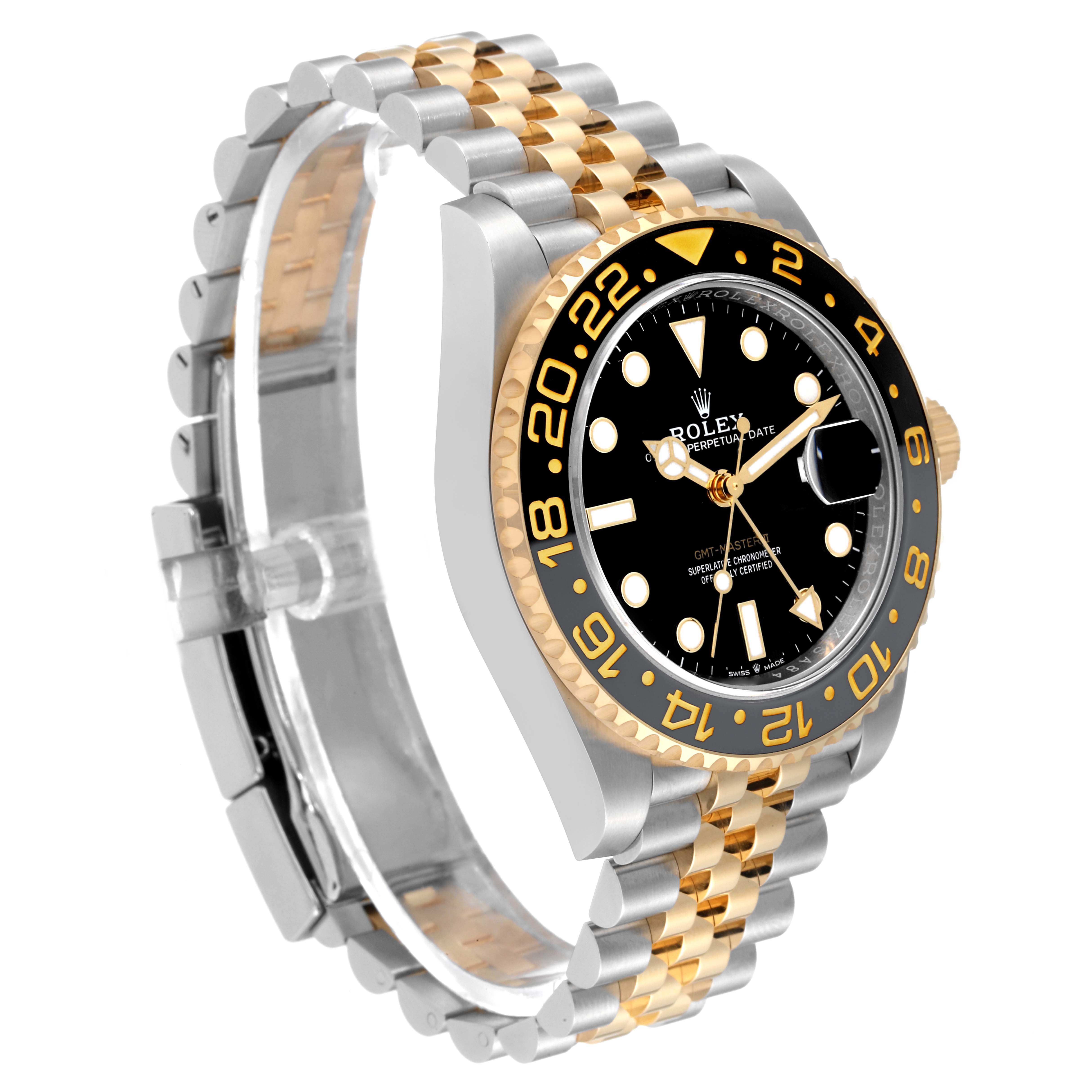 This Rolex GMT-Master 126713 Men's Steel and Gold (two tone) Black Dial 126713 Men's Steel and Gold (two tone) Black Dial watch is shown at a slight angle, highlighting its bezel, dial, and two-tone bracelet.