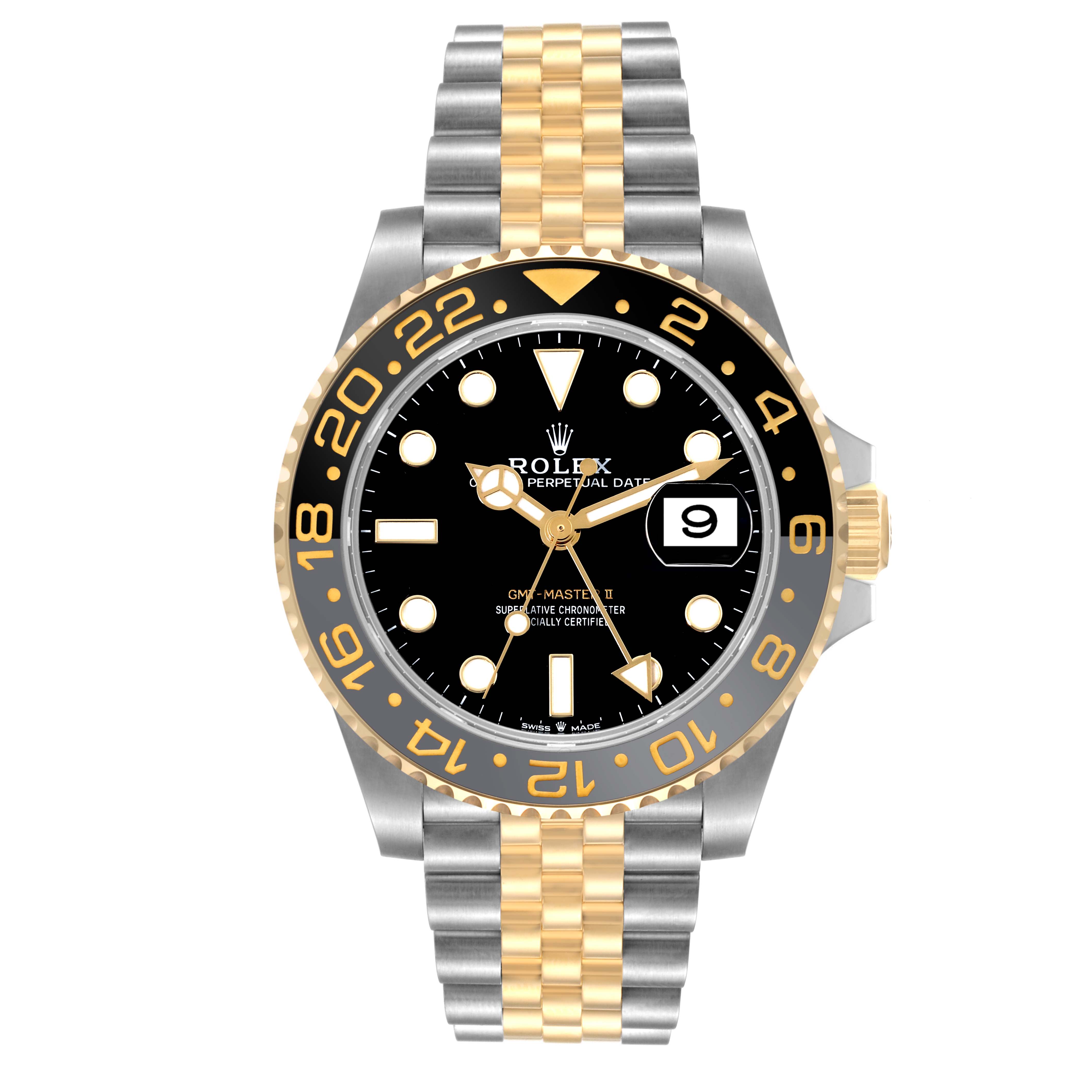 This image shows a front view of a Rolex GMT-Master 126713 Men's Steel and Gold (two tone) Black Dial 126713 Men's Steel and Gold (two tone) Black Dial watch, featuring the watch face and two-tone bracelet.