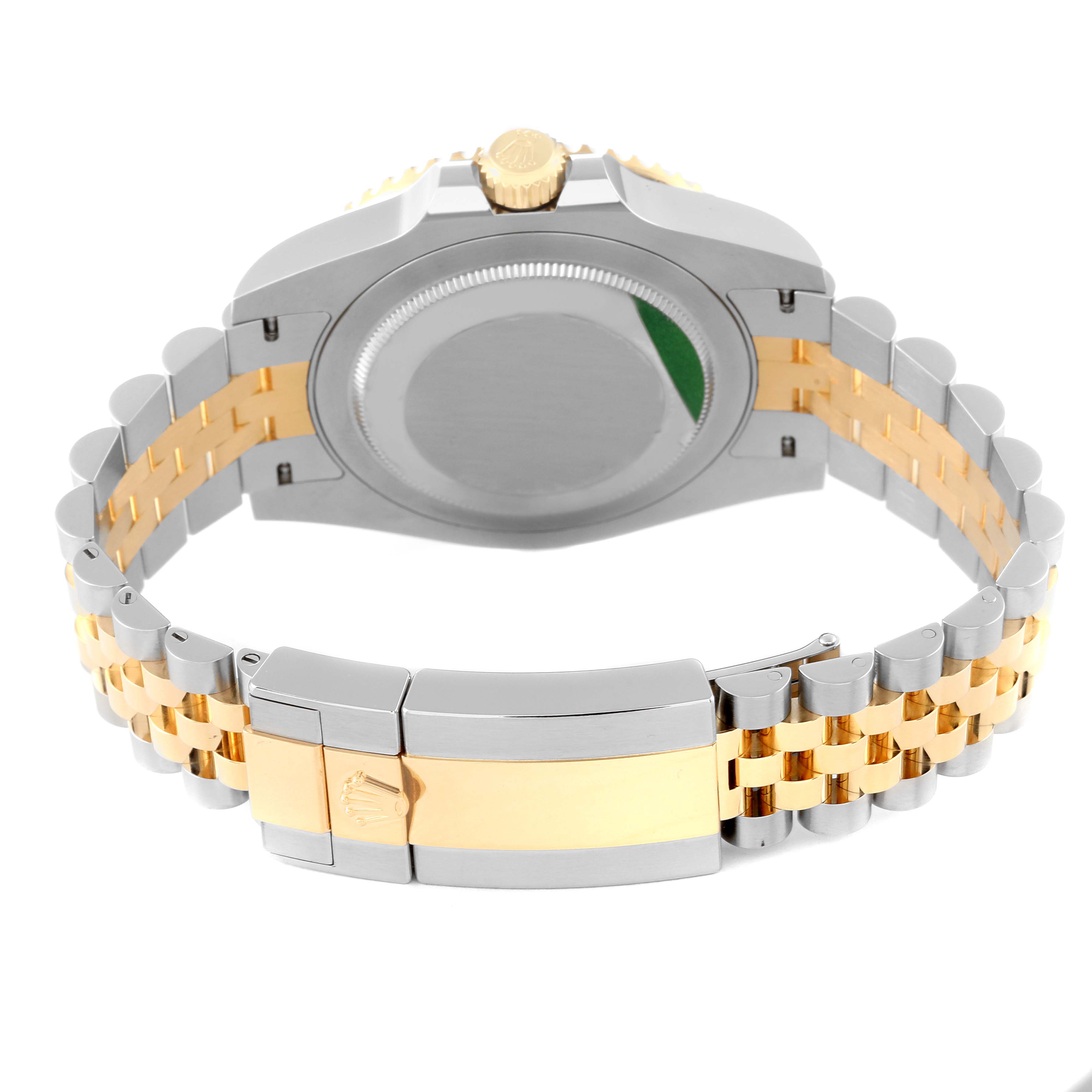 The image shows the back view of a Rolex GMT-Master 126713 Men's Steel and Gold (two tone) Black Dial 126713 Men's Steel and Gold (two tone) Black Dial with a two-tone bracelet and gold crown.