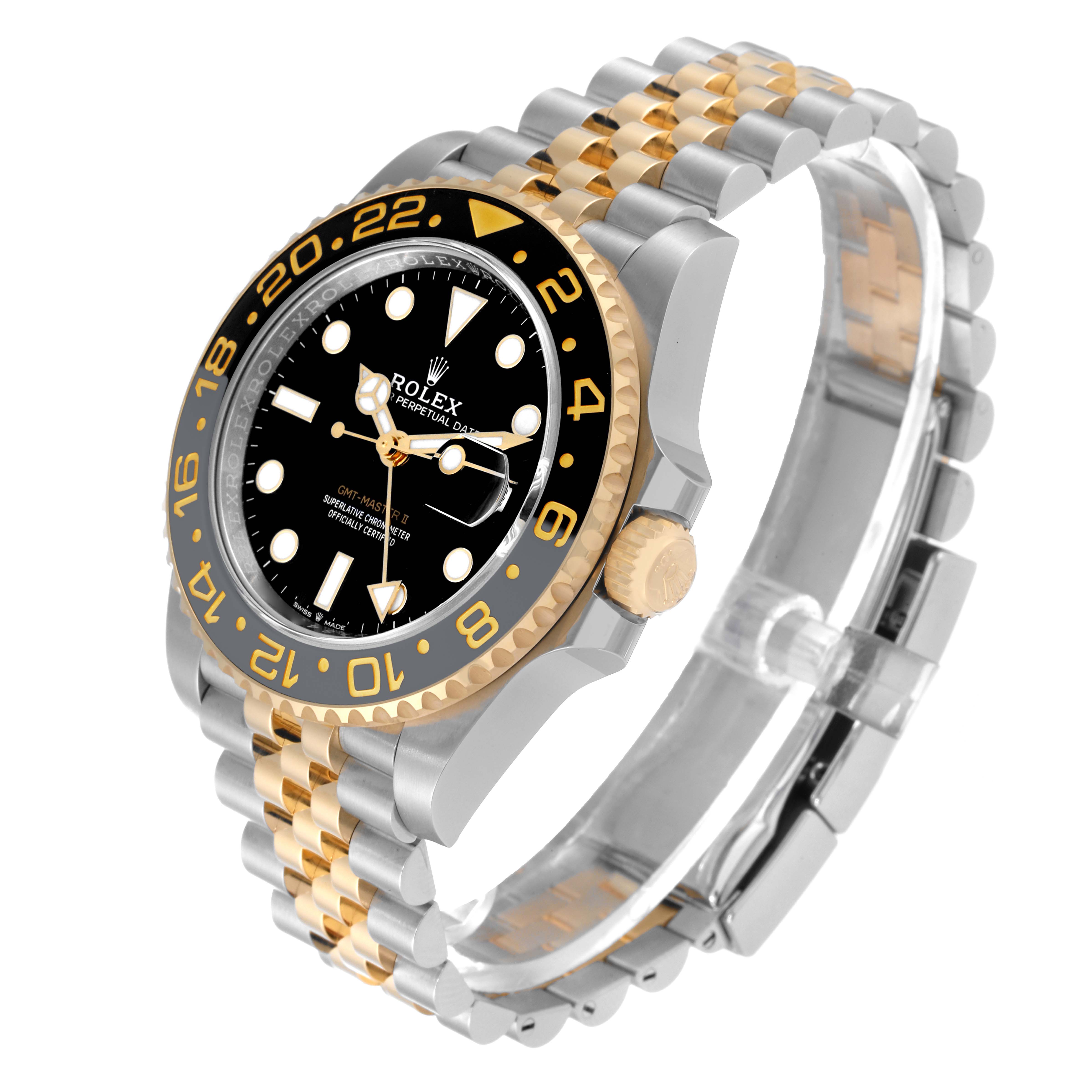 The image shows a Rolex GMT-Master 126713 Men's Steel and Gold (two tone) Black Dial 126713 Men's Steel and Gold (two tone) Black Dial watch at a three-quarter angle, highlighting the bezel, dial, and bracelet.