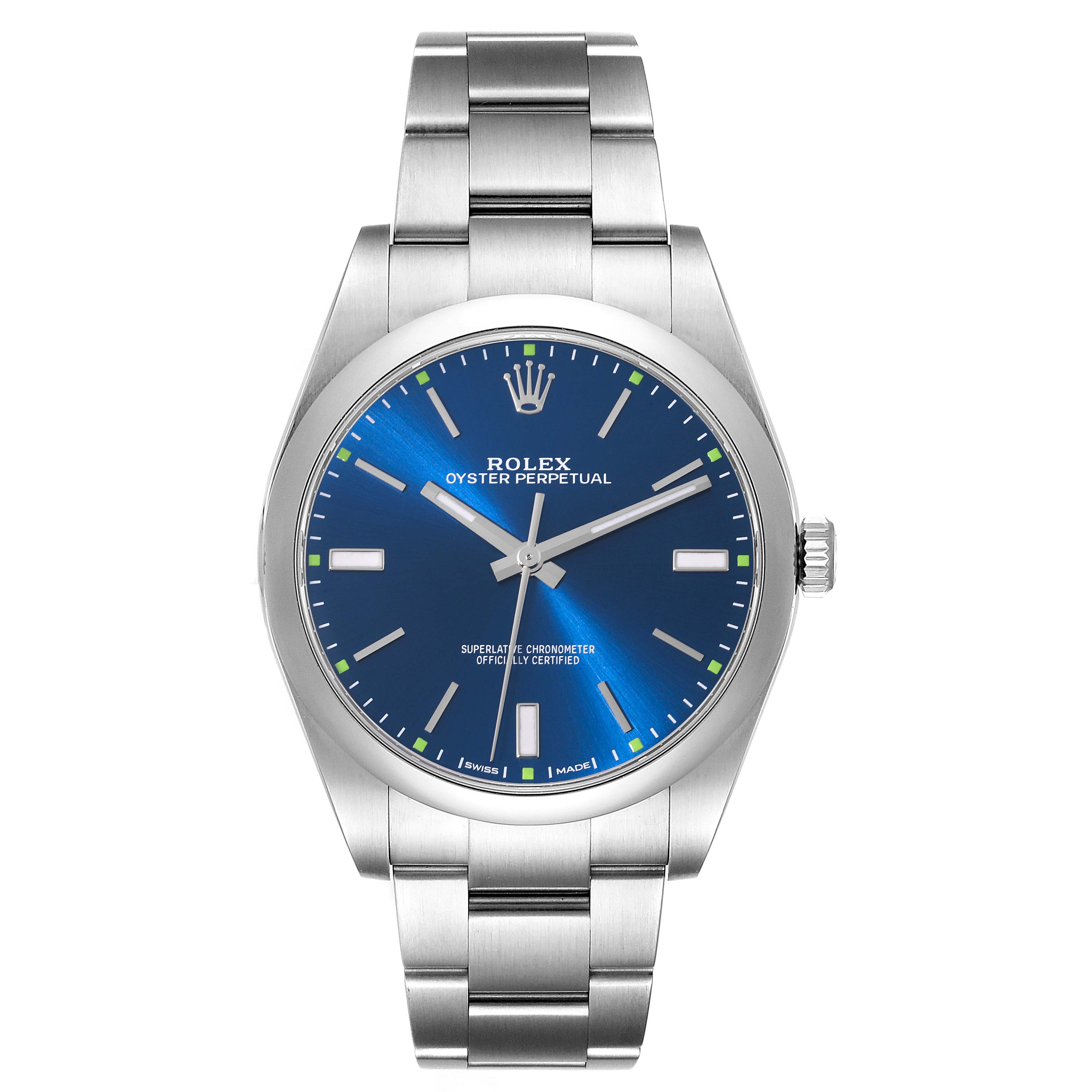 This image shows a front view of a Rolex Oyster Perpetual 114300 Men
s Stainless Steel Blue Dial 114300 Men
s Stainless Steel Blue Dial watch, including the bracelet and blue dial.