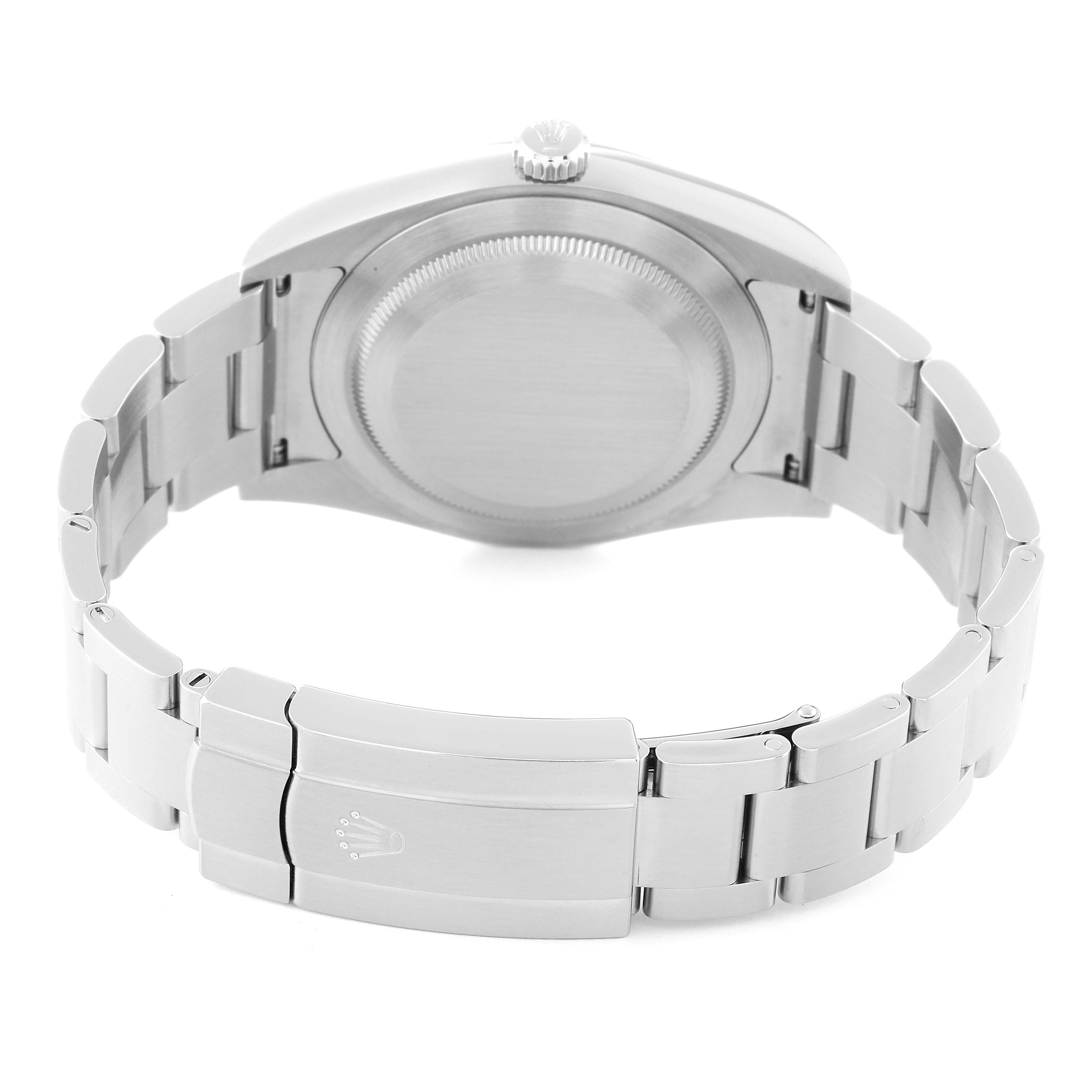 This image shows the back of a Rolex Oyster Perpetual 114300 Men
s Stainless Steel Blue Dial 114300 Men
s Stainless Steel Blue Dial watch, including the case back and part of the bracelet with the clasp.