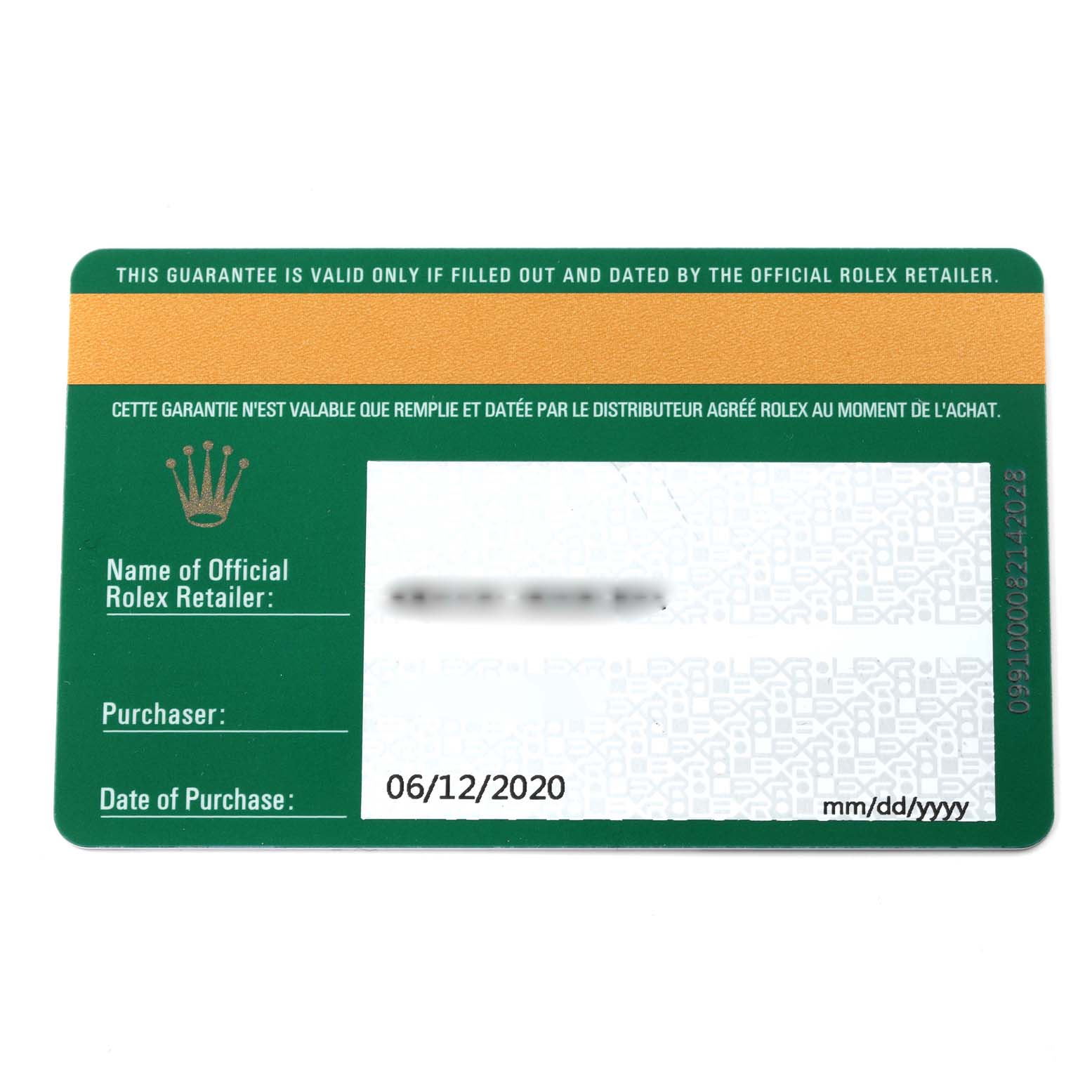 This image shows a Rolex Oyster Perpetual 114300 Men
s Stainless Steel Blue Dial 114300 Men
s Stainless Steel Blue Dial warranty card, including retailer name, purchaser, and date of purchase fields.