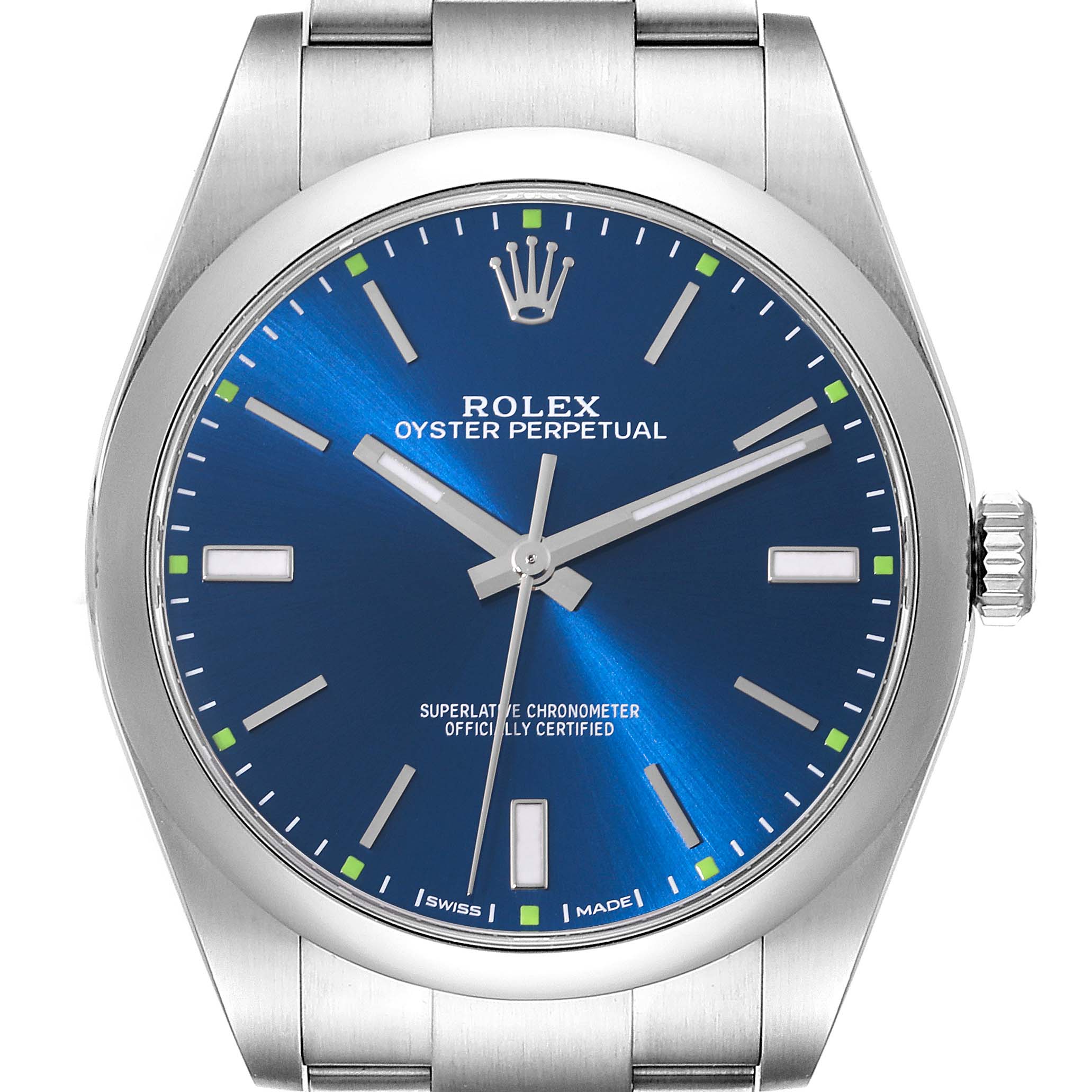 The image shows the front view of a Rolex Oyster Perpetual 114300 Men
s Stainless Steel Blue Dial 114300 Men
s Stainless Steel Blue Dial watch with a blue dial and stainless steel case and bracelet.
