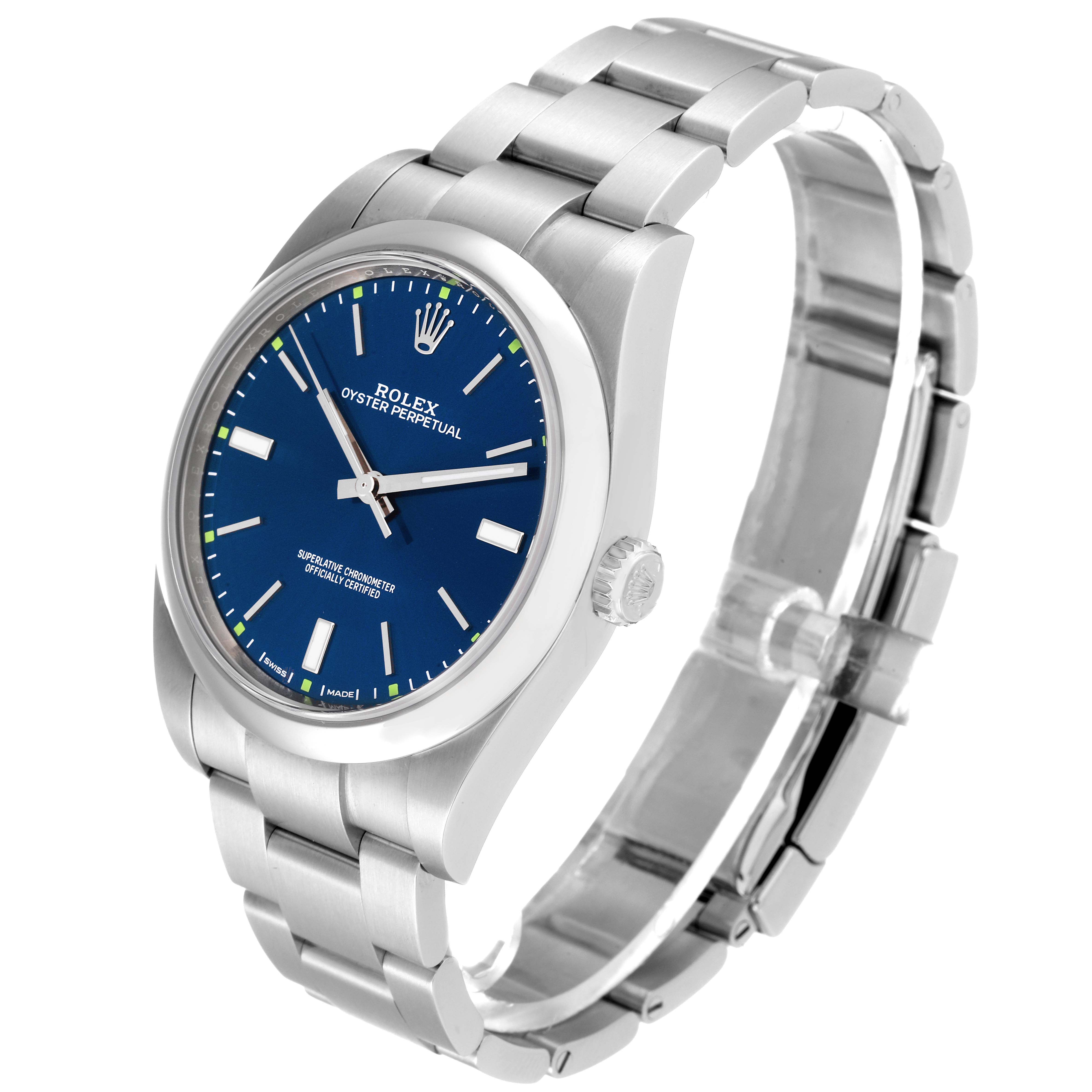The Rolex Oyster Perpetual 114300 Men
s Stainless Steel Blue Dial 114300 Men
s Stainless Steel Blue Dial watch is shown at a slight side angle, displaying the face, bracelet, and crown.