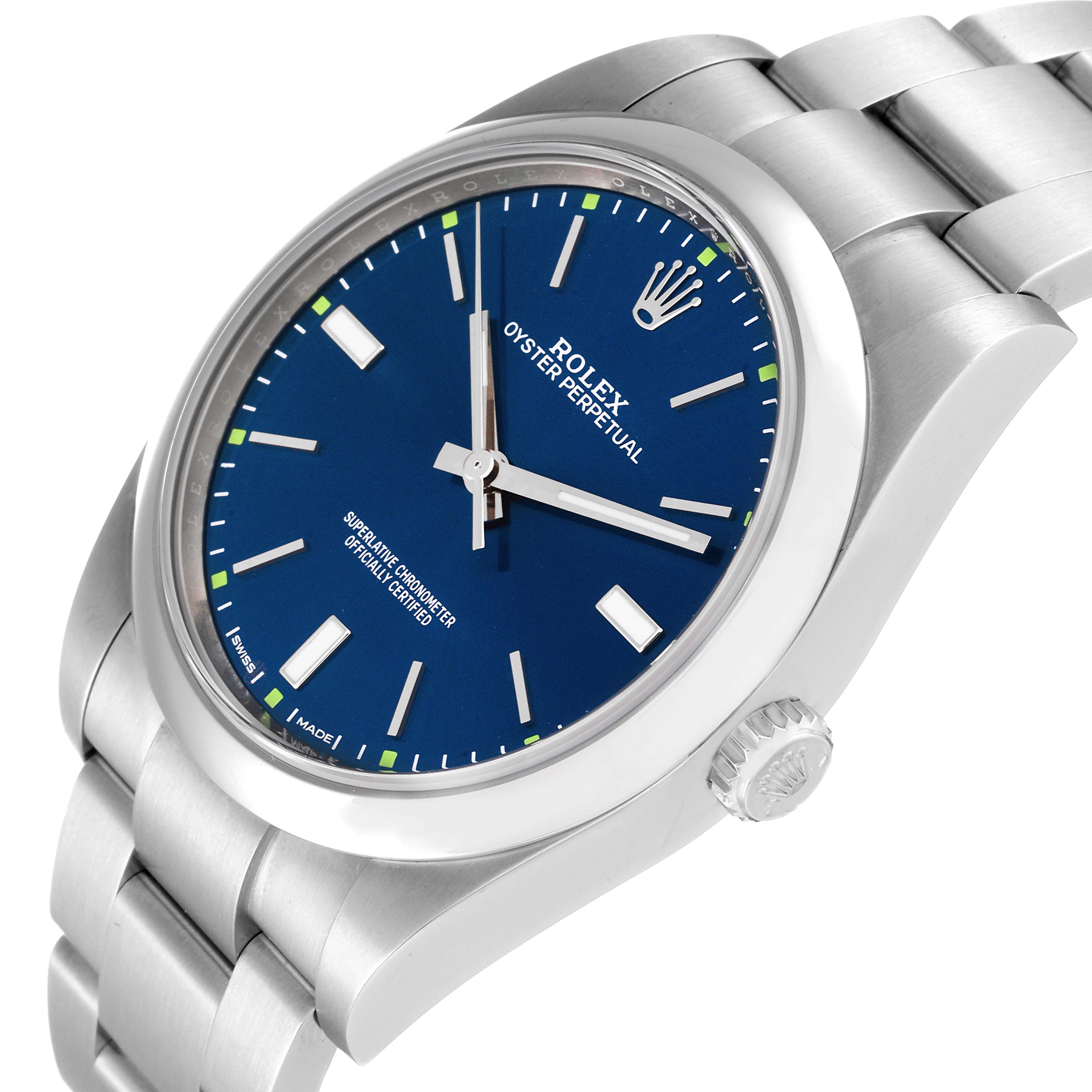 This Rolex Oyster Perpetual 114300 Men
s Stainless Steel Blue Dial 114300 Men
s Stainless Steel Blue Dial watch is shown at a slight angle, displaying the dial, crown, and part of the bracelet.