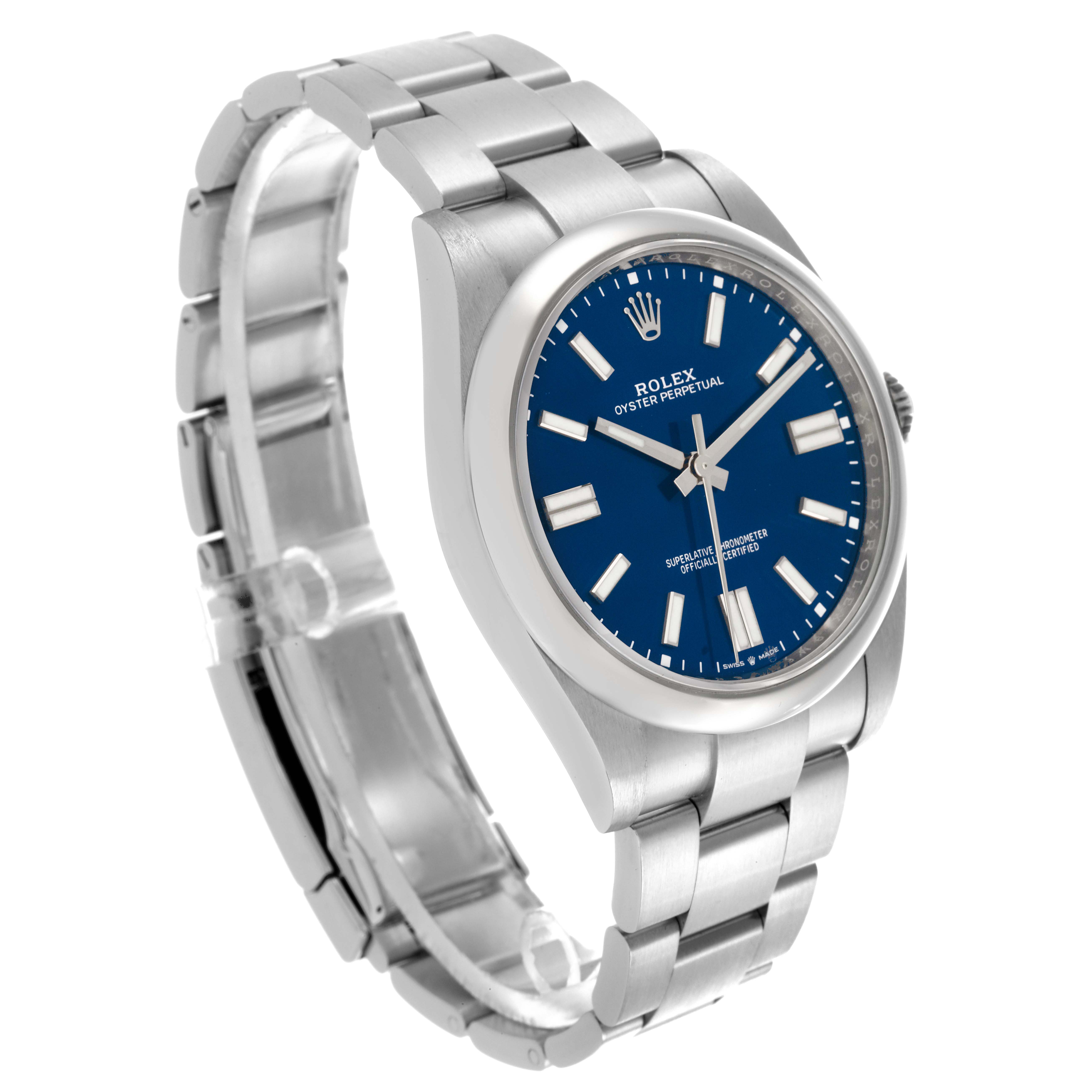 The image shows a Rolex Oyster Perpetual 124300 Men's Stainless Steel Blue Dial 124300 Men's Stainless Steel Blue Dial watch at a side angle, displaying the bracelet, case, and blue dial with hour markers.