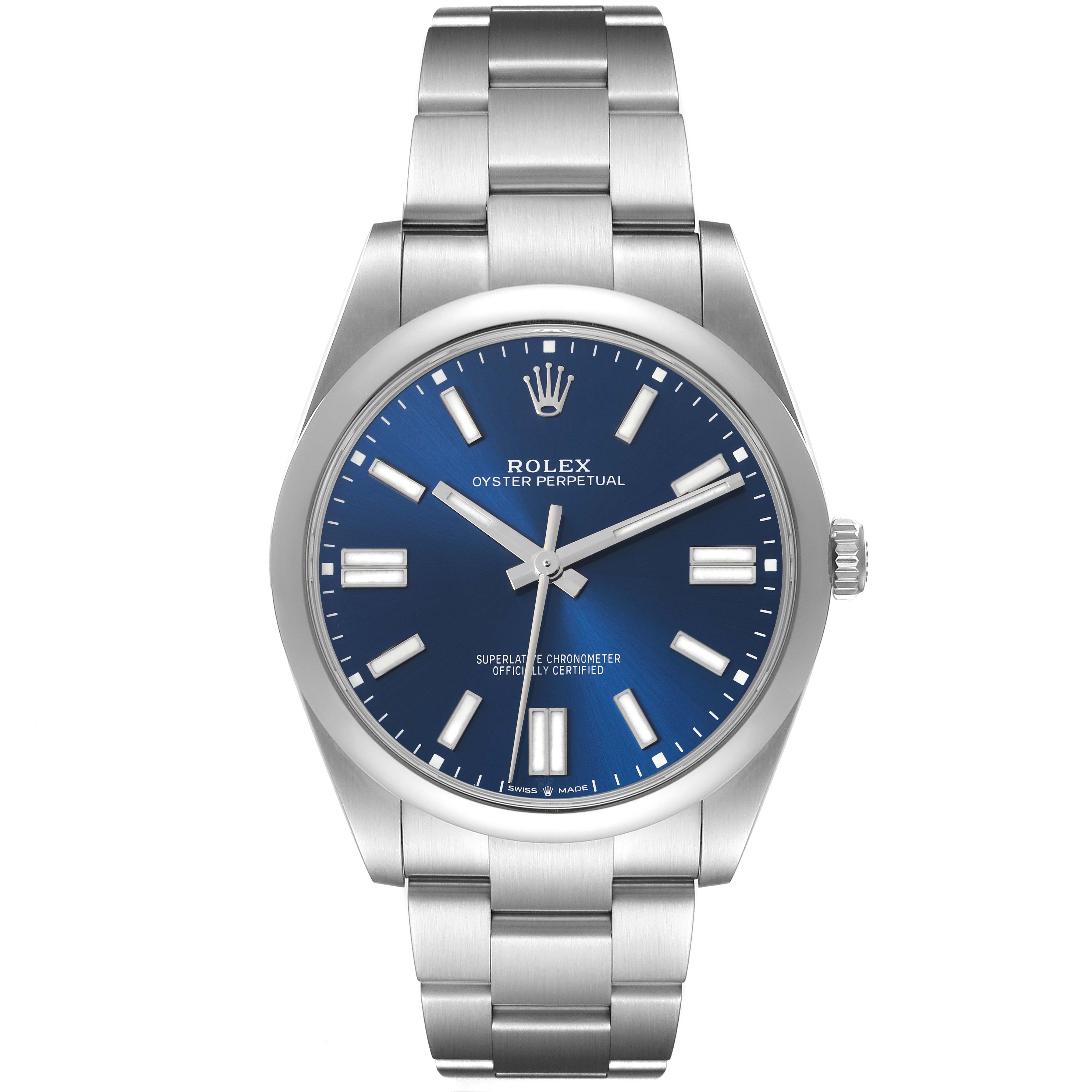 The image shows a front-angle view of a Rolex Oyster Perpetual 124300 Men's Stainless Steel Blue Dial 124300 Men's Stainless Steel Blue Dial watch, highlighting the dial, bracelet, and crown.