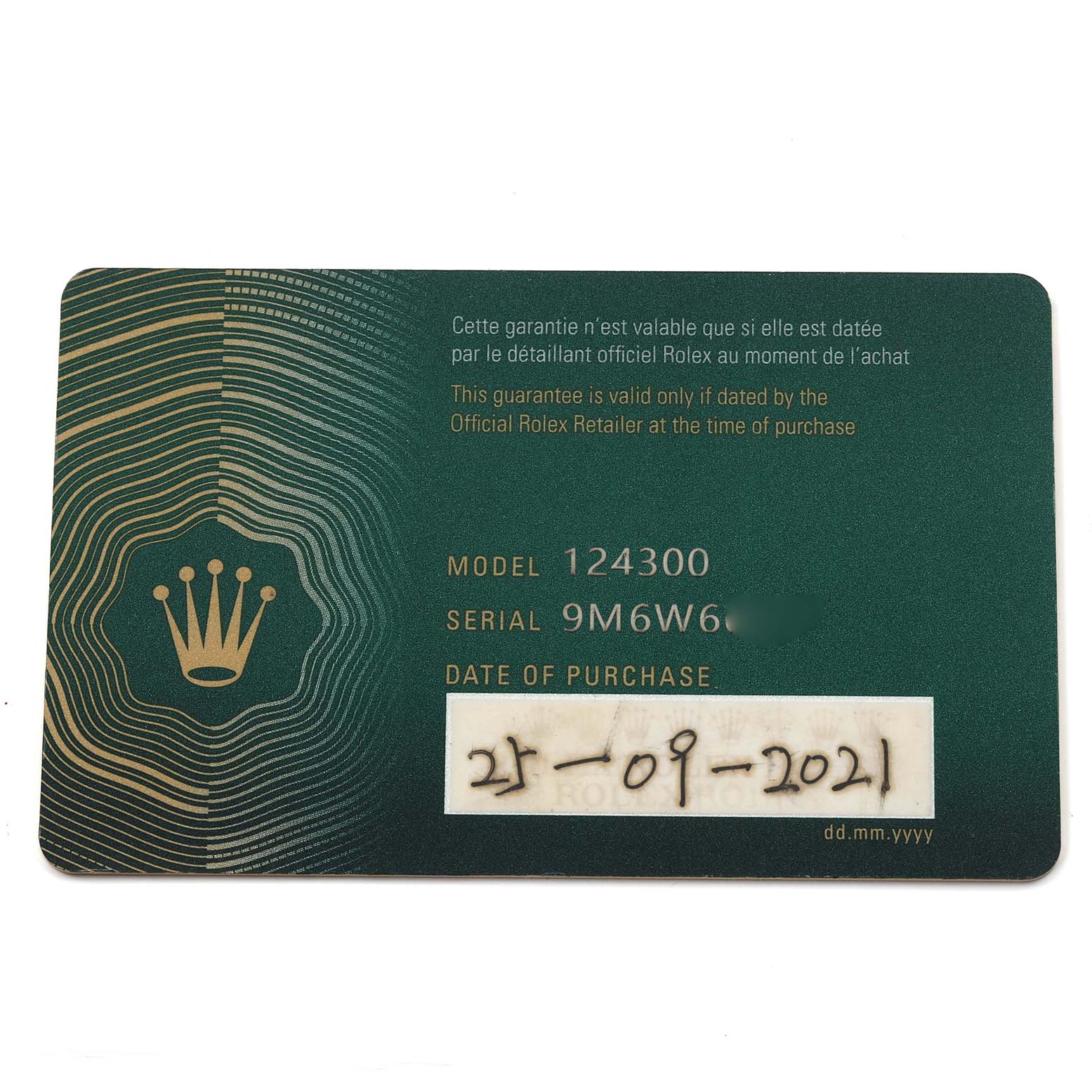 The image shows a warranty card for the Rolex Oyster Perpetual 124300 Men's Stainless Steel Blue Dial 124300 Men's Stainless Steel Blue Dial model 124300, featuring model, serial number, and purchase date.
