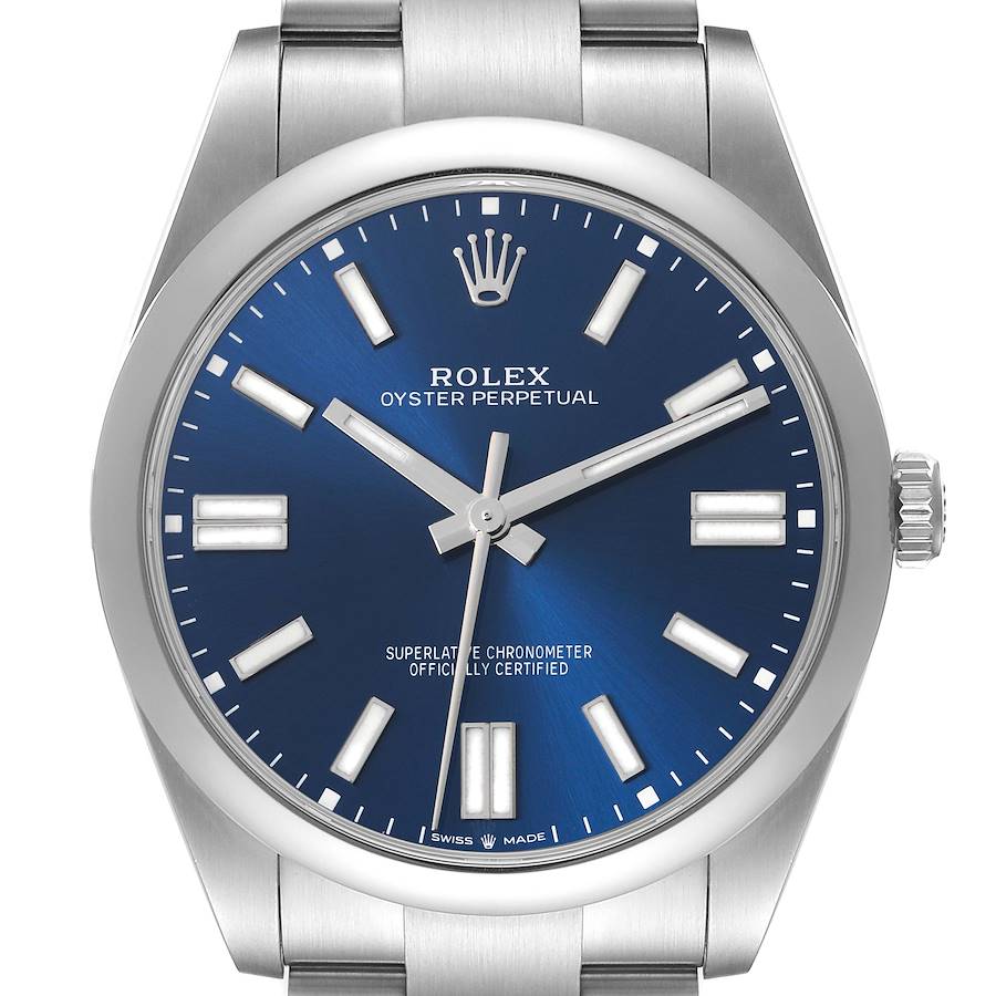 The Rolex Oyster Perpetual watch is shown from the front, displaying its blue dial, hands, and markers.