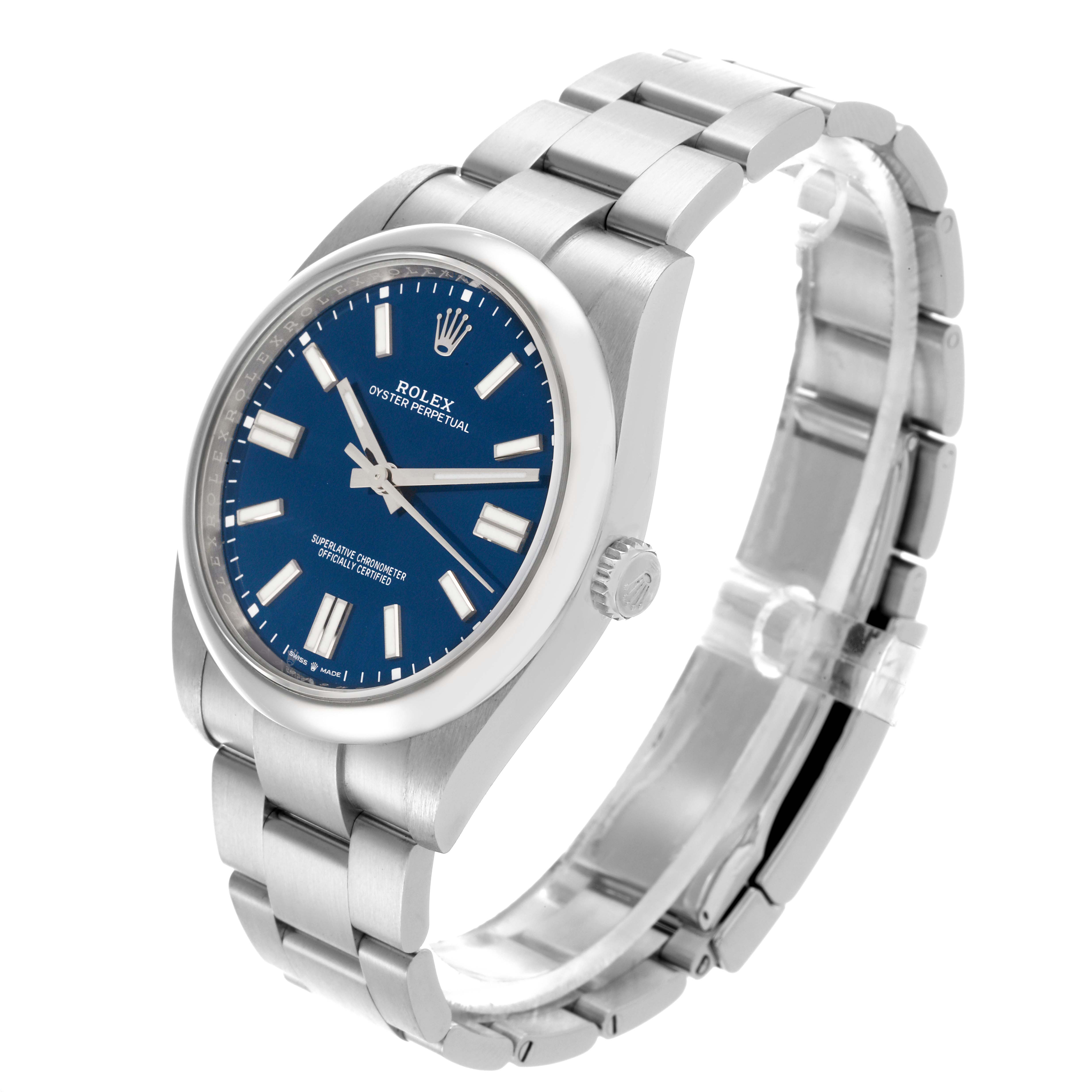 The Rolex Oyster Perpetual 124300 Men's Stainless Steel Blue Dial 124300 Men's Stainless Steel Blue Dial watch is shown at an angled side view, displaying the bracelet, bezel, and crown.