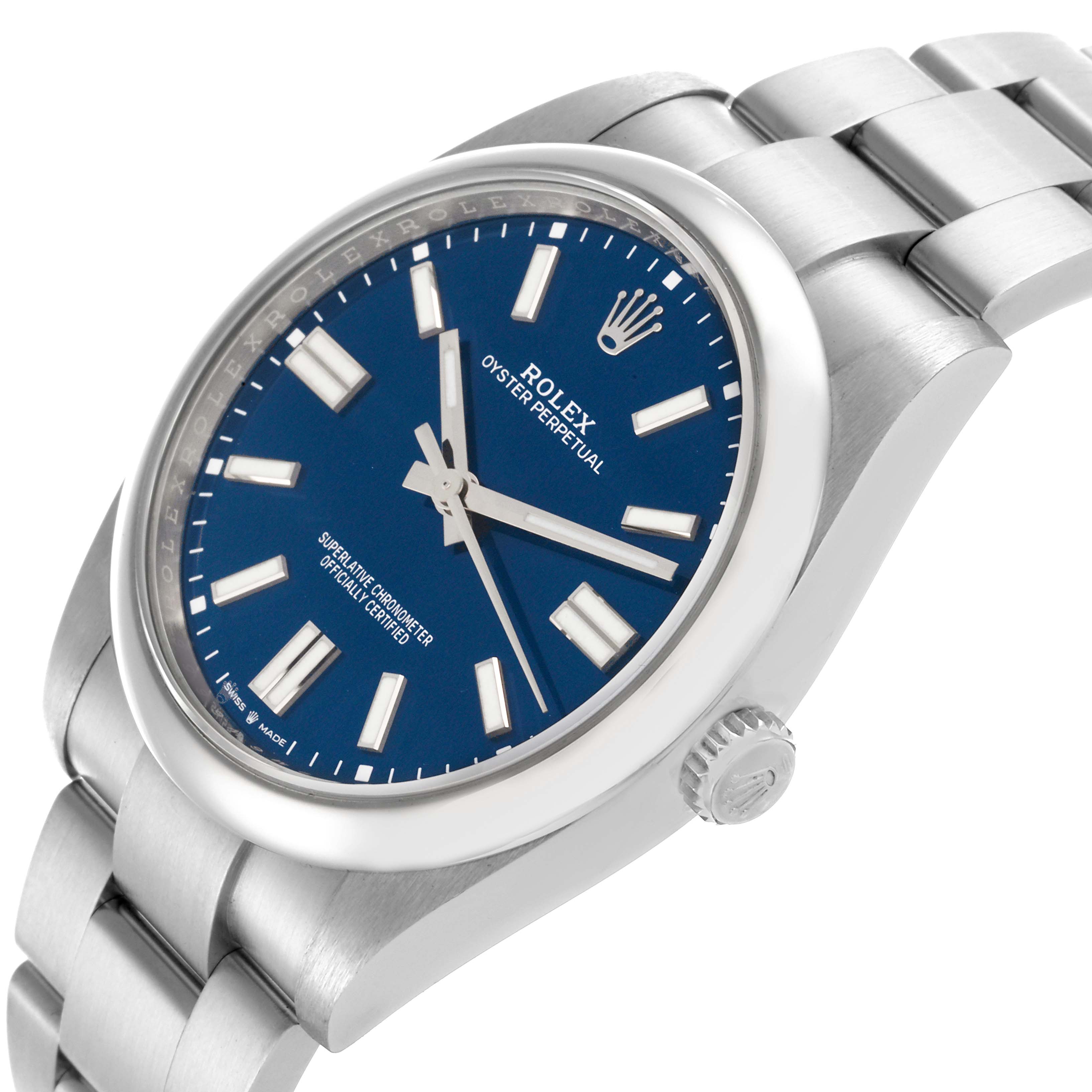 The Rolex Oyster Perpetual 124300 Men's Stainless Steel Blue Dial 124300 Men's Stainless Steel Blue Dial watch is shown at a slight angle, highlighting its blue dial, bezel, crown, and a portion of the bracelet.