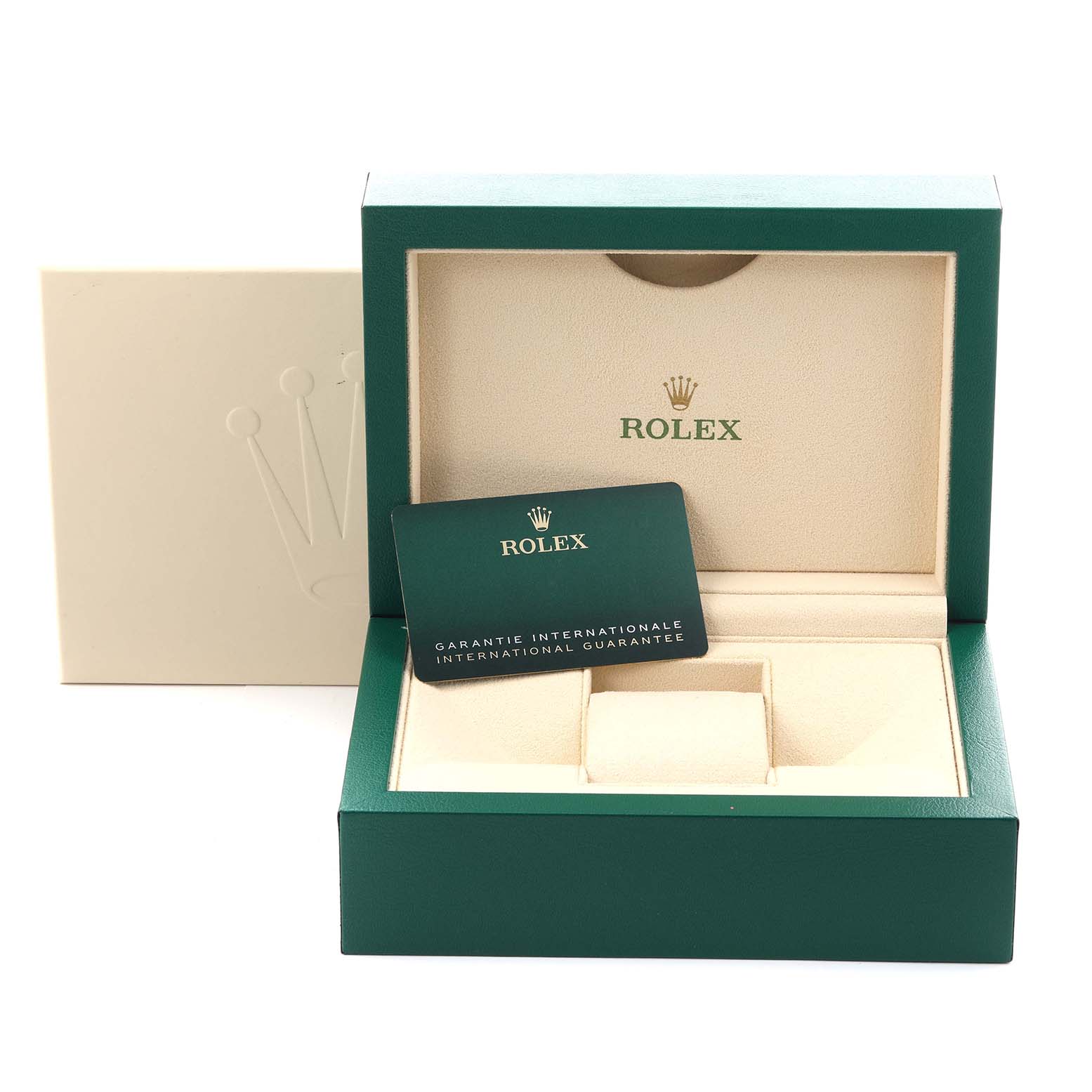 The image shows a Rolex Oyster Perpetual 124300 Men's Stainless Steel Blue Dial 124300 Men's Stainless Steel Blue Dial watch box and warranty card from a front angle.