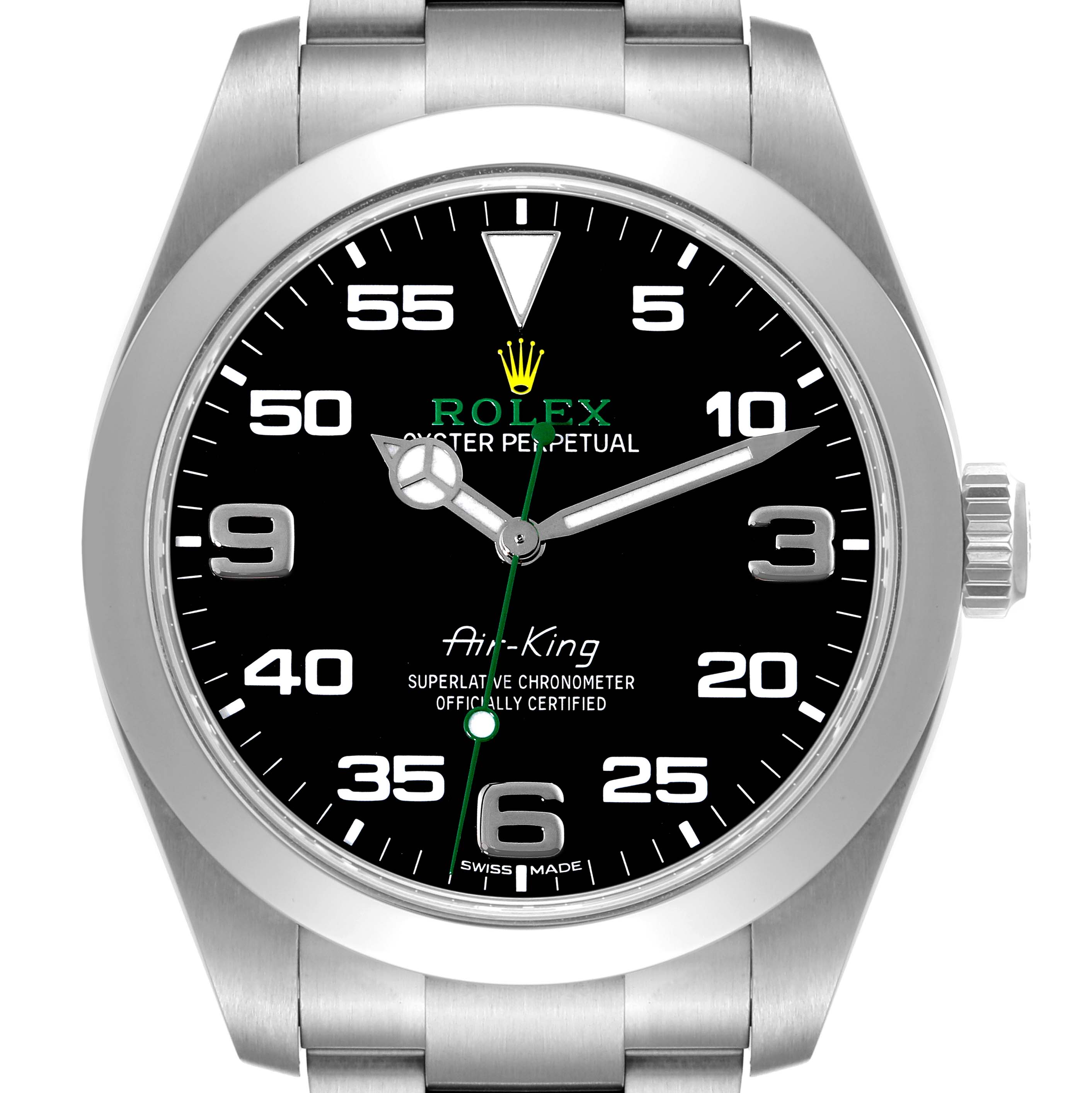 The image shows a front view of the Rolex Air-King 116900 Men's Stainless Steel Black Dial 116900 Men's Stainless Steel Black Dial watch, highlighting its dial, bezel, and part of the bracelet.
