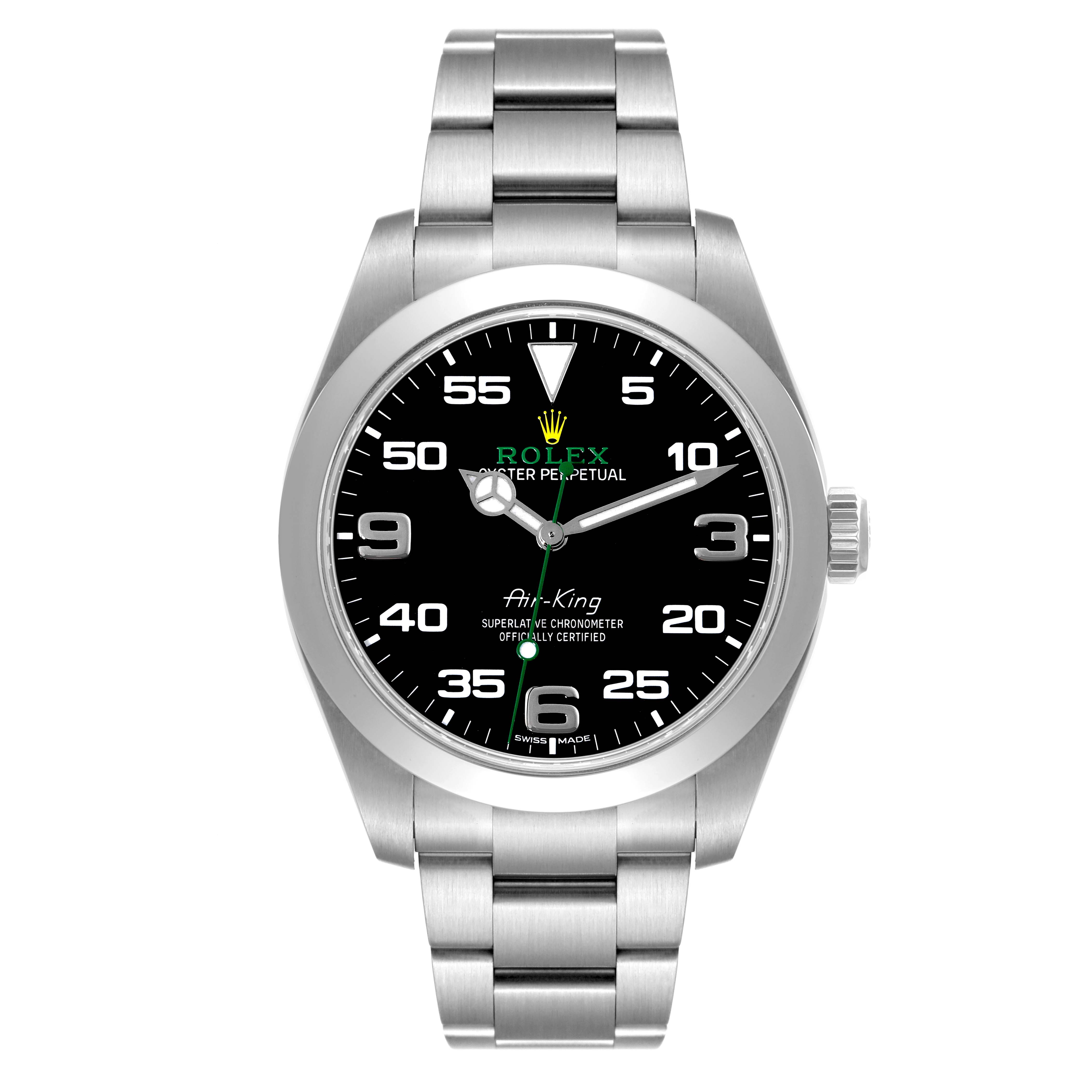 The image shows a front view of a Rolex Air-King 116900 Men's Stainless Steel Black Dial 116900 Men's Stainless Steel Black Dial watch, featuring a black dial, silver bracelet, and luminescent hands and markers.