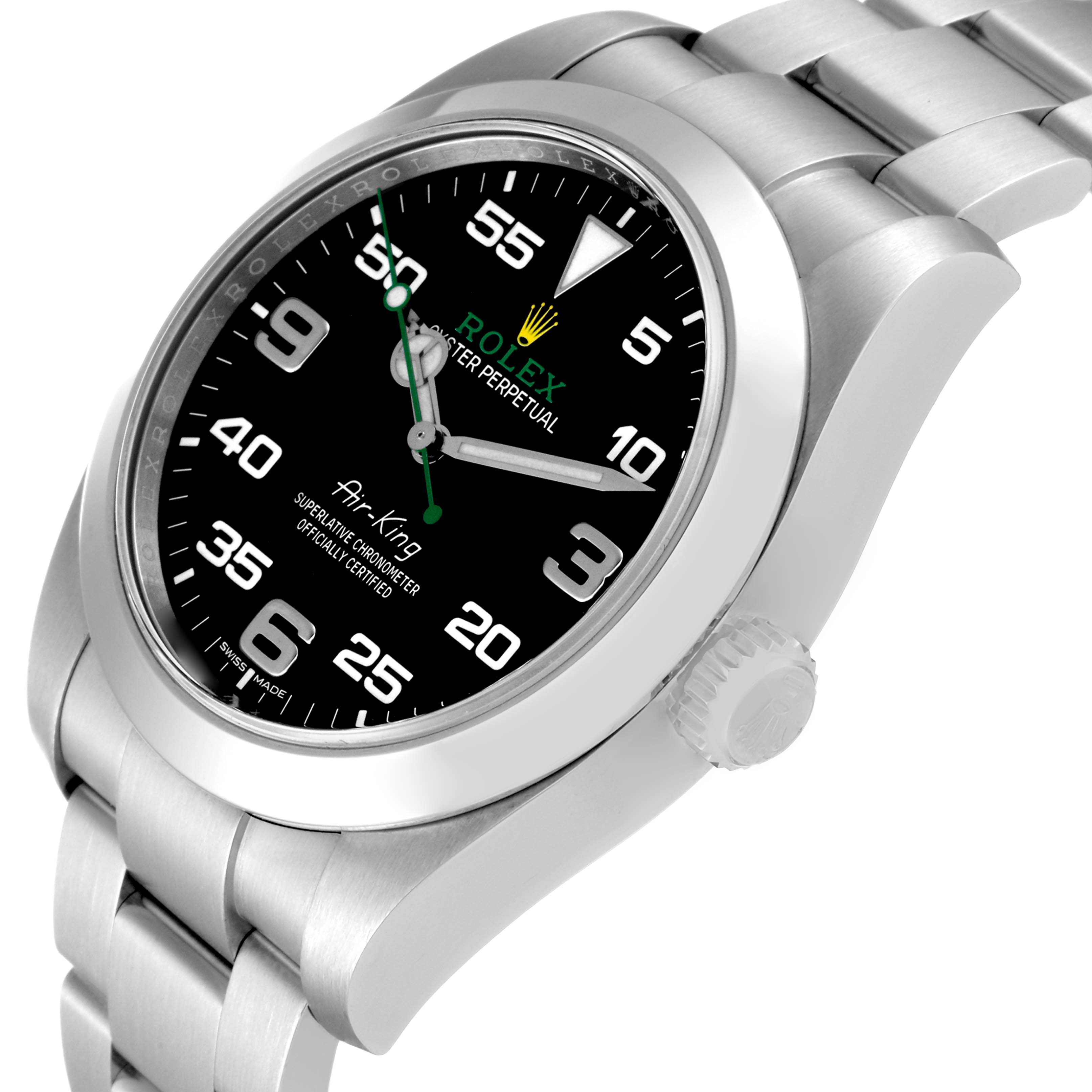The Rolex Air-King 116900 Men's Stainless Steel Black Dial 116900 Men's Stainless Steel Black Dial watch is shown at a slight angle, featuring the dial, bezel, crown, and part of the bracelet.