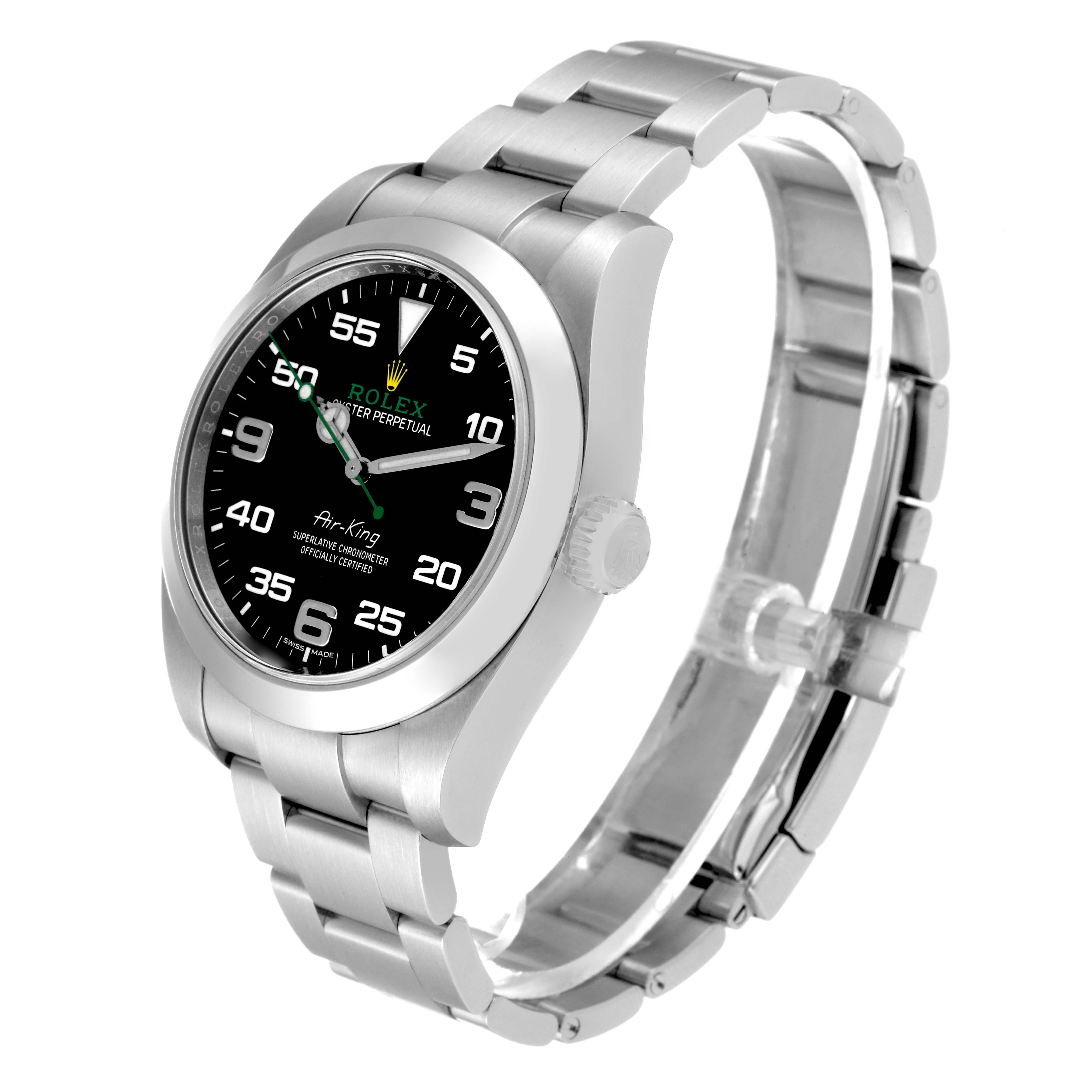 This image shows a Rolex Air-King 116900 Men's Stainless Steel Black Dial 116900 Men's Stainless Steel Black Dial watch at a right-side angle, highlighting its bracelet, crown, and black dial with white and green accents.