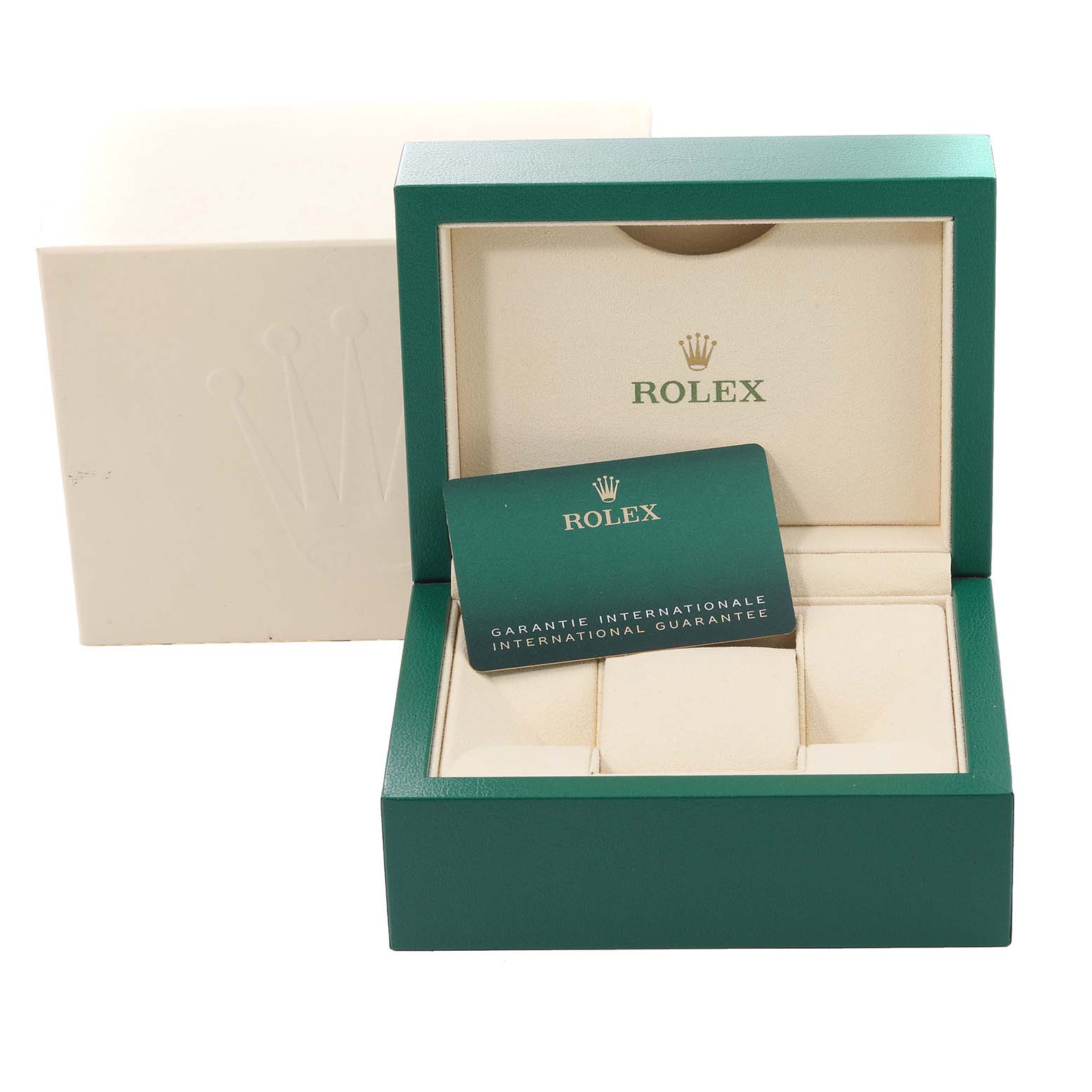 The image shows the open box and guarantee card for a Rolex Air-King 116900 Men's Stainless Steel Black Dial 116900 Men's Stainless Steel Black Dial watch, viewed from the front.