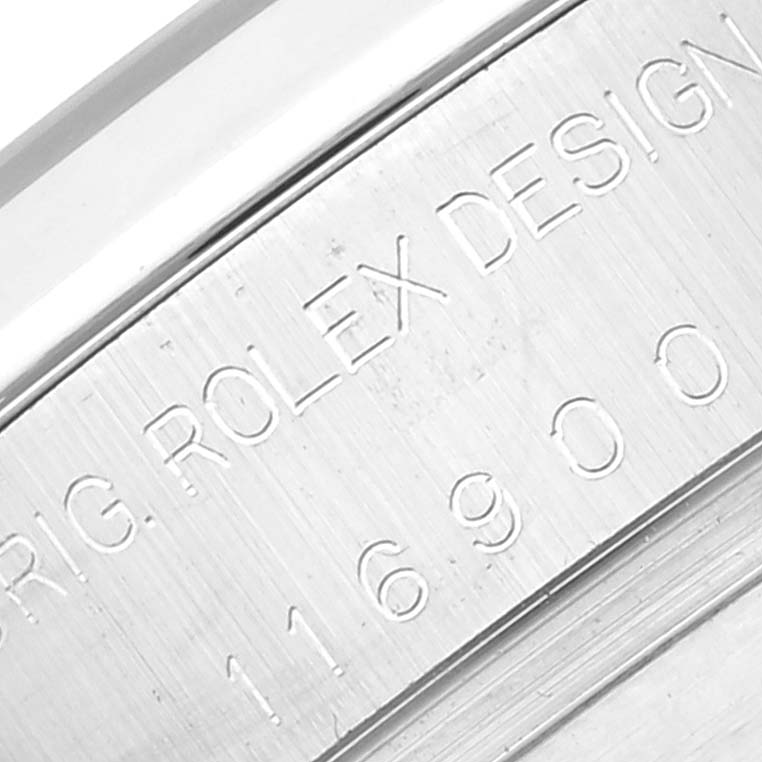 This is a close-up of the side of the Rolex Air-King 116900 Men's Stainless Steel Black Dial 116900 Men's Stainless Steel Black Dial watch, showing the model number and "Rolex Design" engraving.