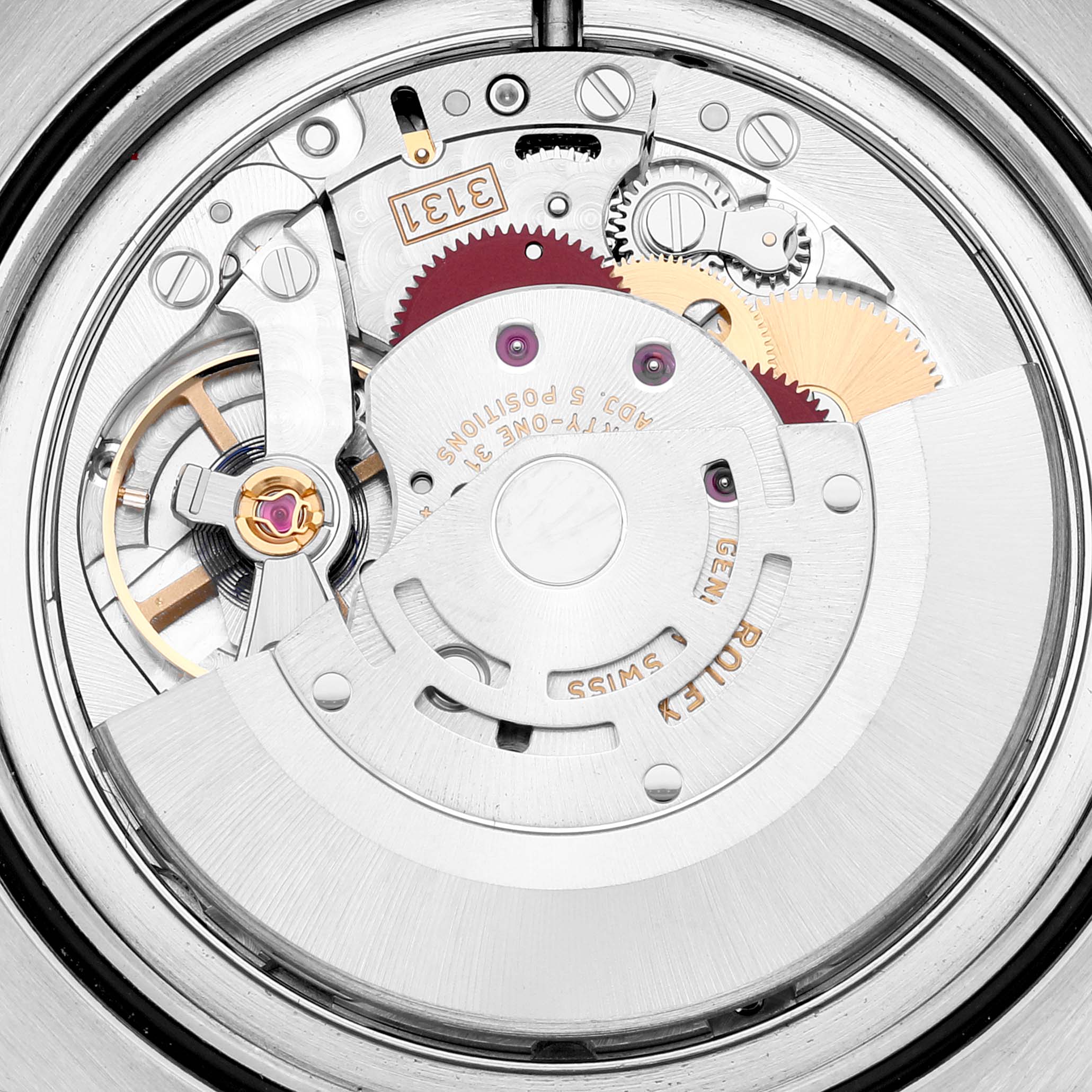 This is an image of the movement (internal mechanism) of a Rolex Air-King 116900 Men's Stainless Steel Black Dial 116900 Men's Stainless Steel Black Dial watch, viewed from the back, showcasing gears and components.