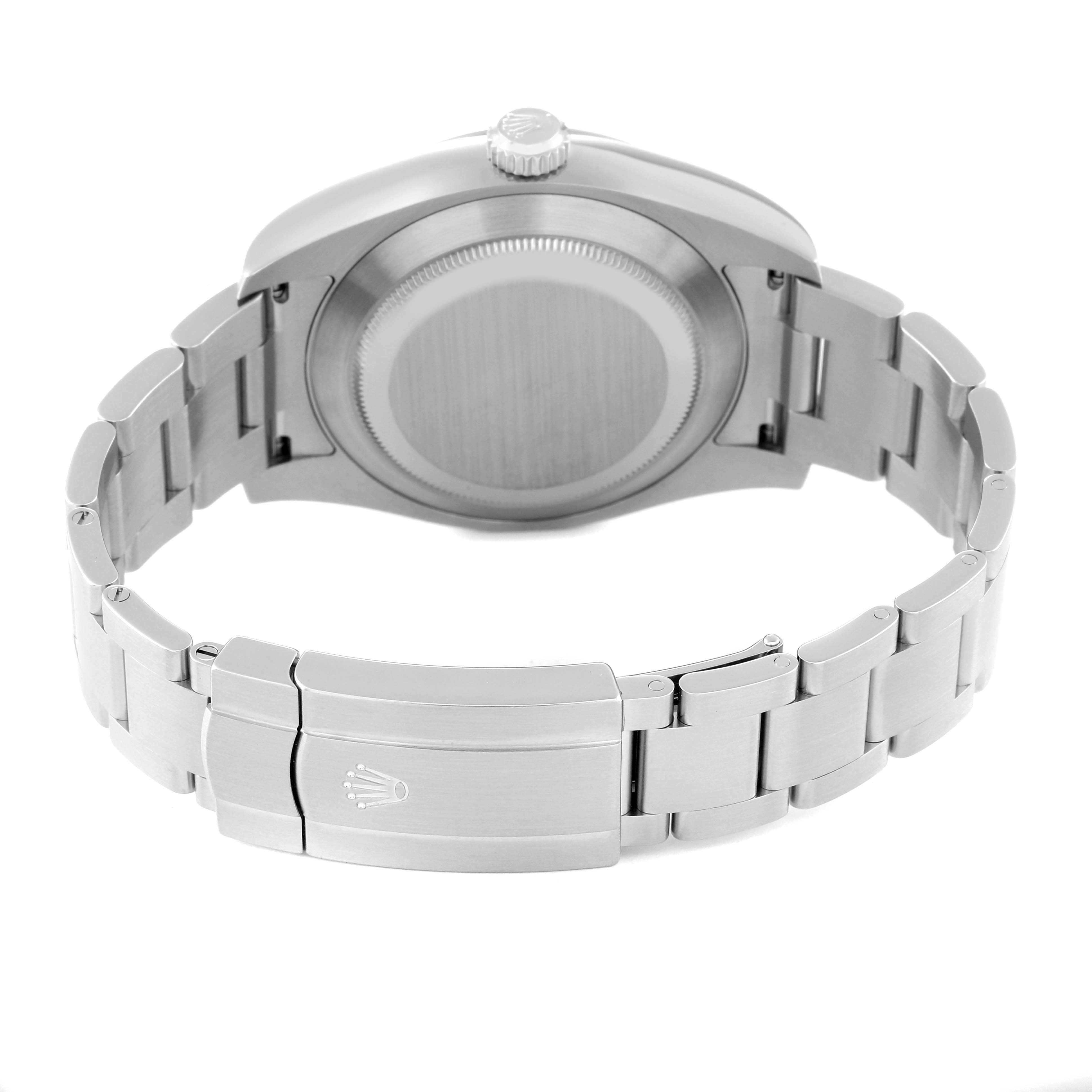 This image shows the back case and stainless steel bracelet of a Rolex Air-King 116900 Men's Stainless Steel Black Dial 116900 Men's Stainless Steel Black Dial watch.