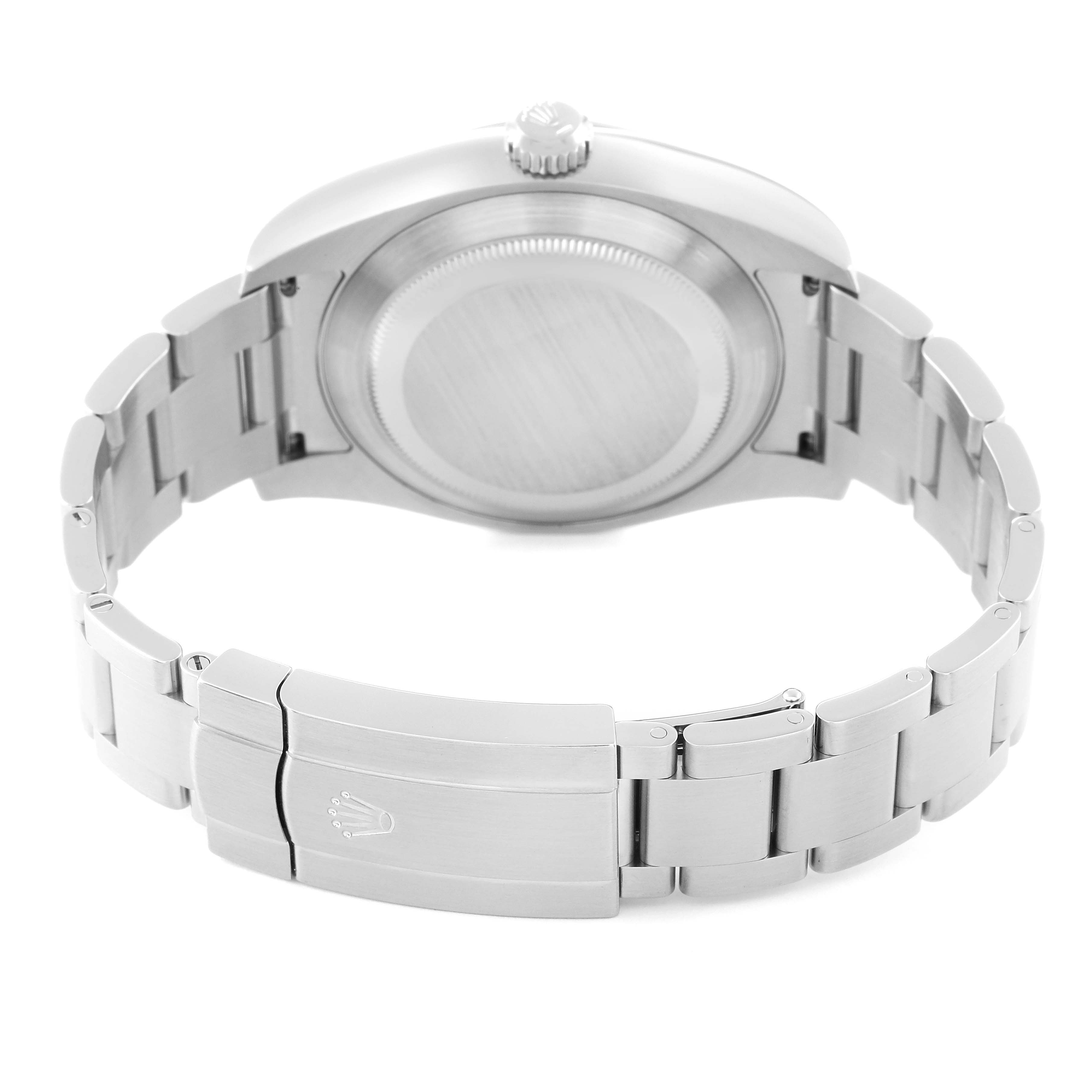 This image shows the back view of the Rolex Air-King 116900 Men's Stainless Steel Black Dial 116900 Men's Stainless Steel Black Dial watch, featuring its clasp and stainless steel bracelet.