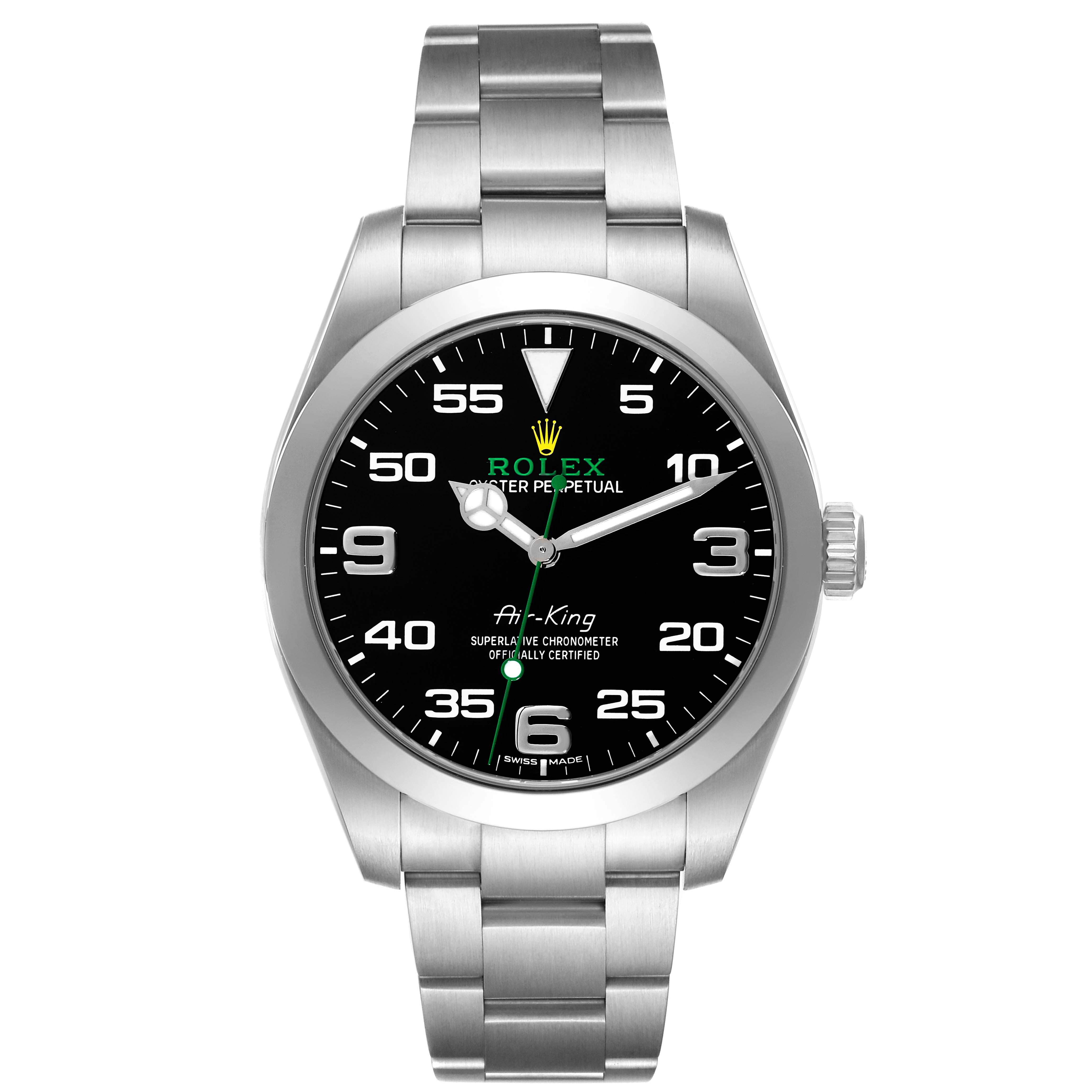 This image shows a frontal view of a Rolex Air-King 116900 Men's Stainless Steel Black Dial 116900 Men's Stainless Steel Black Dial watch, displaying its black dial, silver hour markers, and metal bracelet.