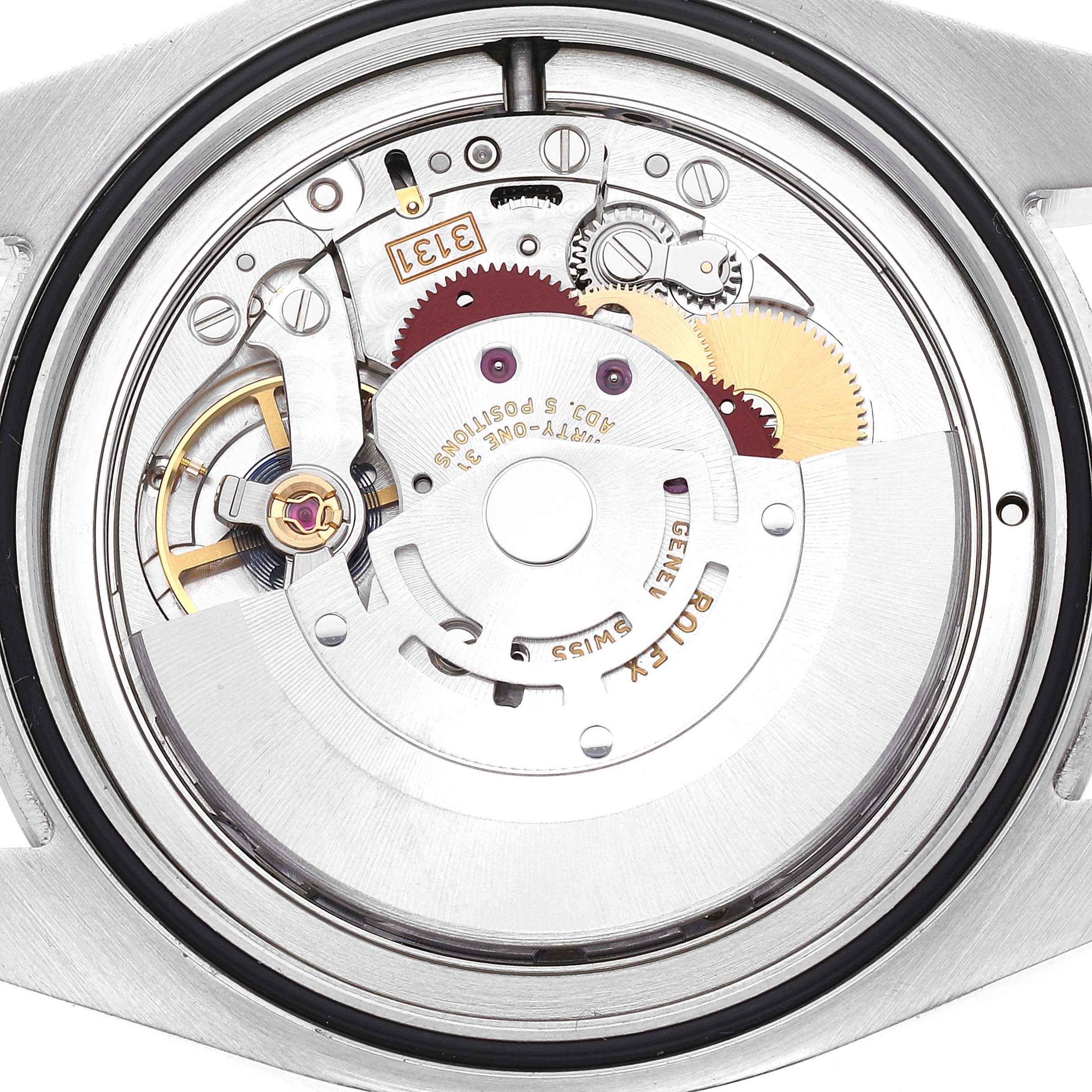 This is a close-up view of the Rolex Air-King 116900 Men's Stainless Steel Black Dial 116900 Men's Stainless Steel Black Dial watch movement, showcasing the internal gears and mechanisms.