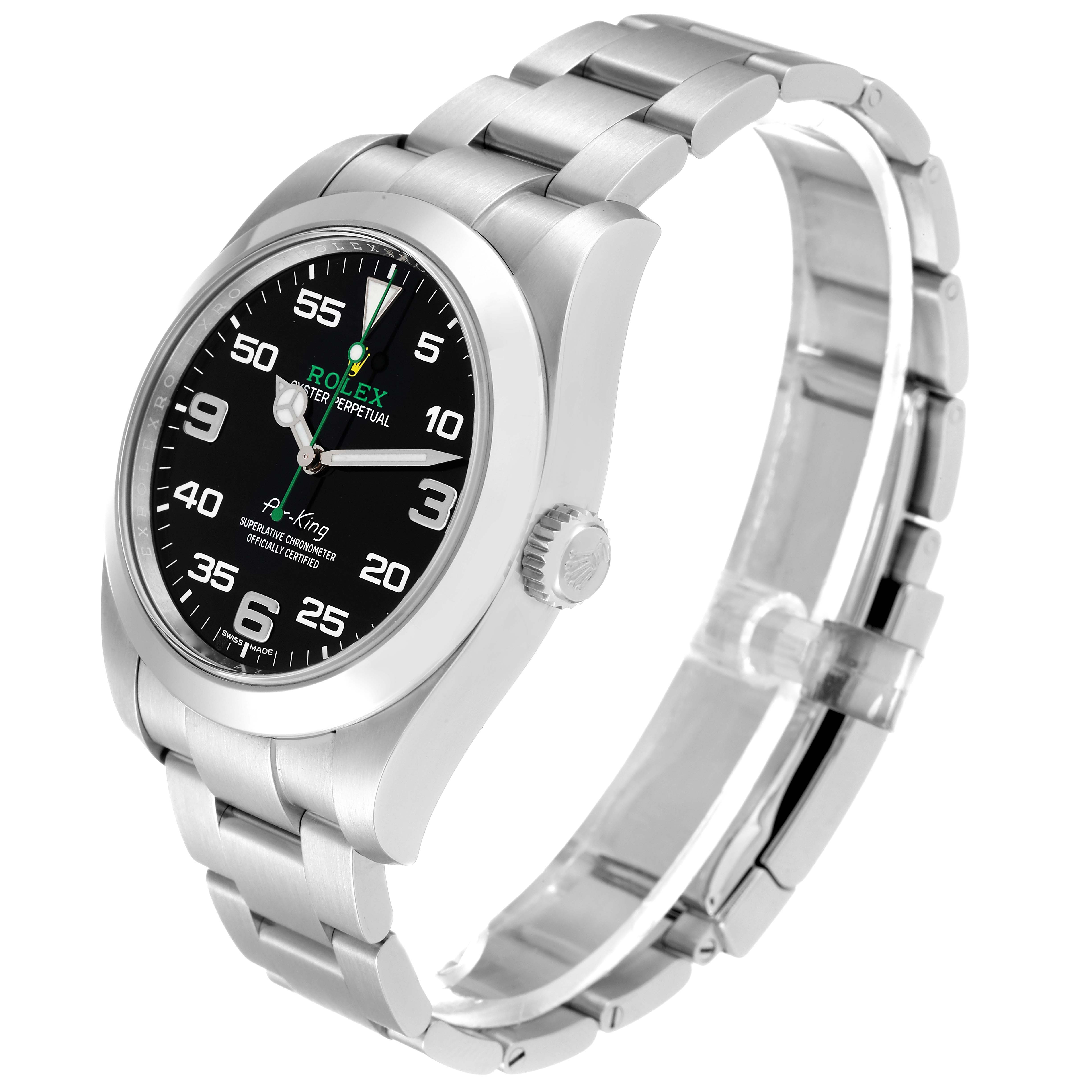 The angled view of the Rolex Air-King 116900 Men's Stainless Steel Black Dial 116900 Men's Stainless Steel Black Dial watch shows the face, crown, and partially open bracelet.