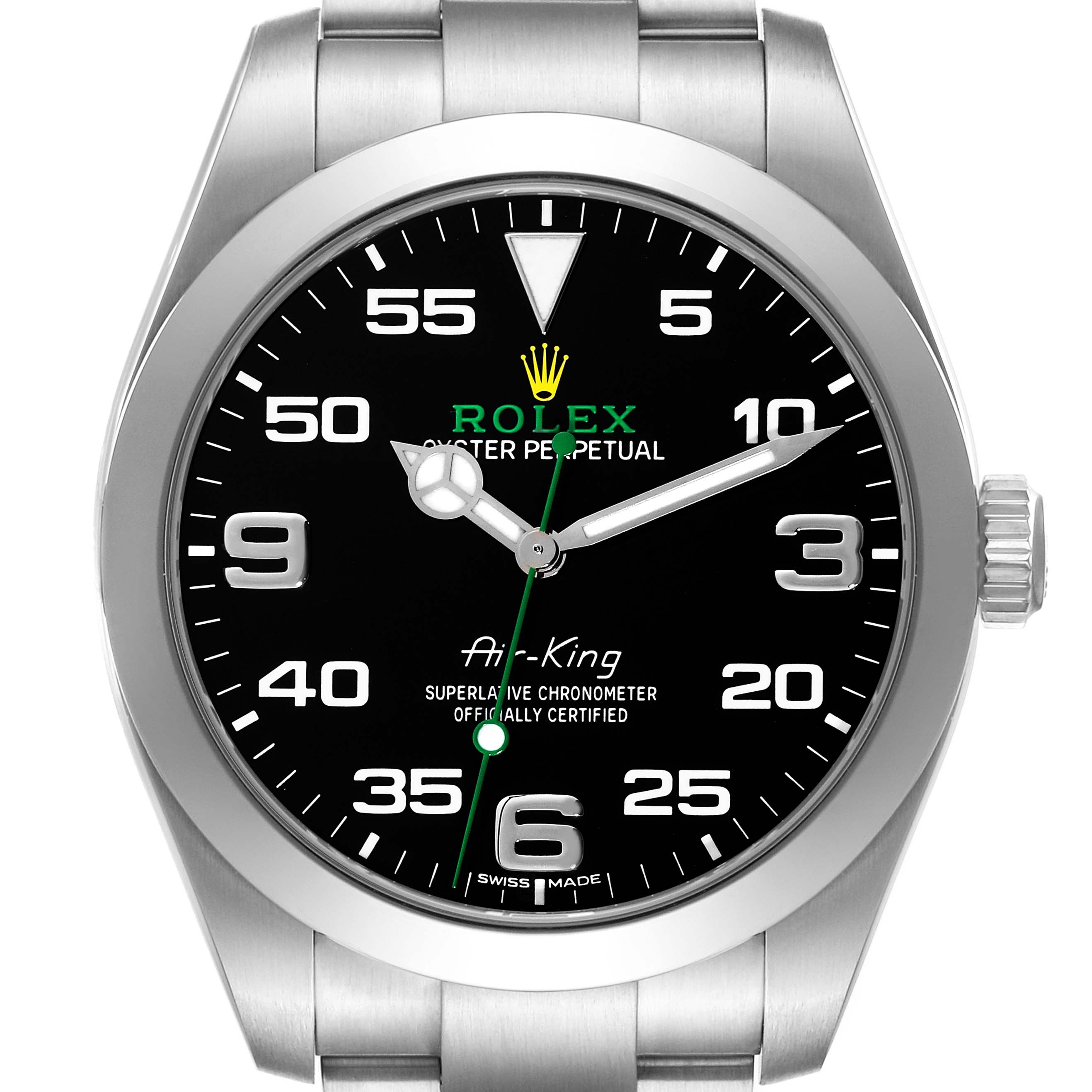 The image shows a frontal view of the Rolex Air-King 116900 Men's Stainless Steel Black Dial 116900 Men's Stainless Steel Black Dial watch, highlighting its dial, bezel, crown, and part of the bracelet.