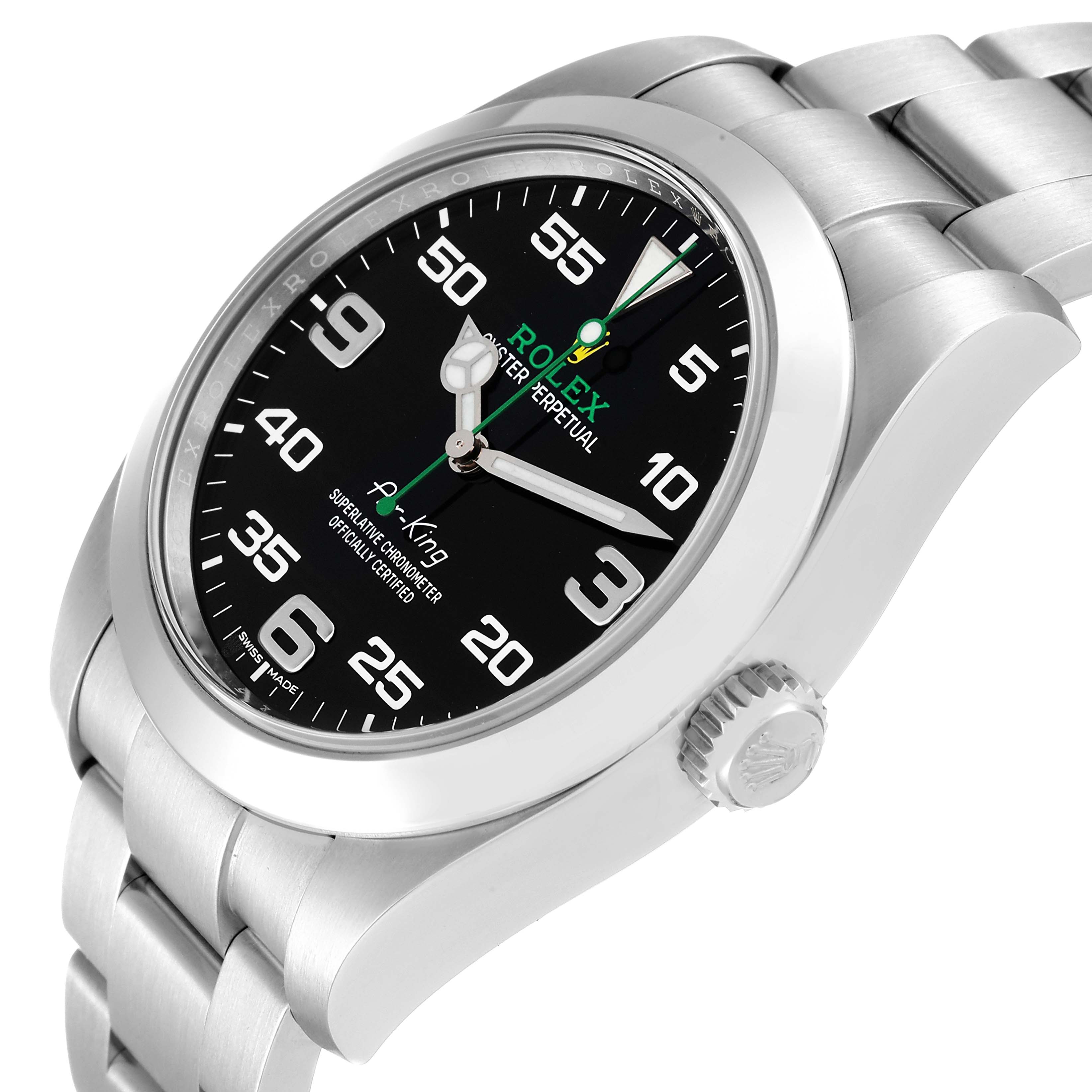 The Rolex Air-King 116900 Men's Stainless Steel Black Dial 116900 Men's Stainless Steel Black Dial watch is shown at an angle displaying the face, bezel, crown, and part of the bracelet.